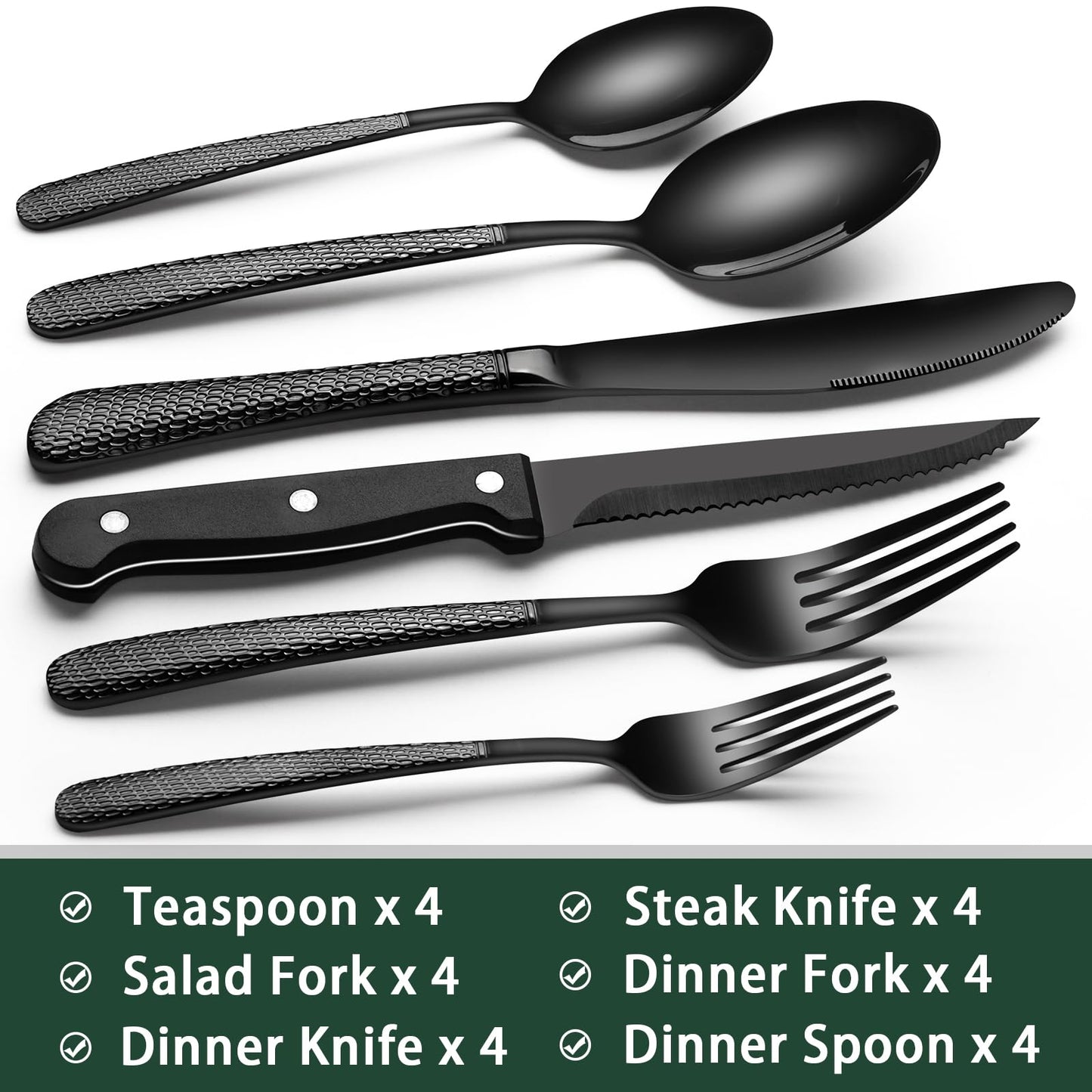 24-Piece Black Silverware Set with Steak Knives, Black Flatware Set for 4