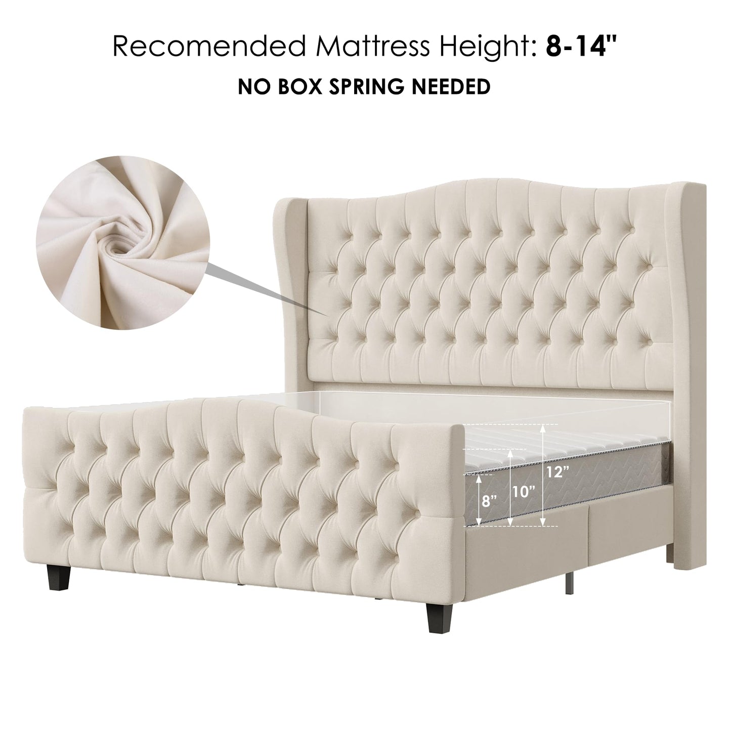 Tall Platform Bed Frame with Deep Button Tufted Wingback Headboard and Footboard