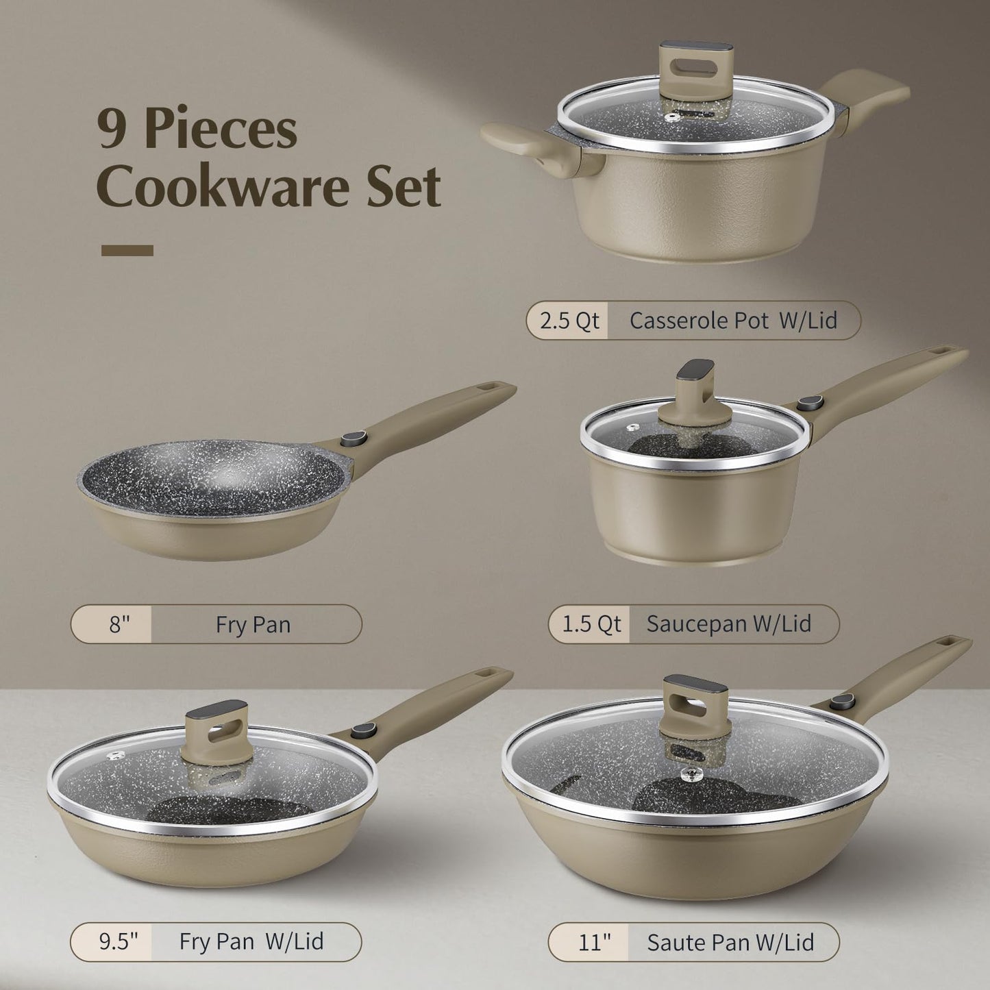 Nonstick Pots and Pans Set, Brown Granite Induction with Stay Handles