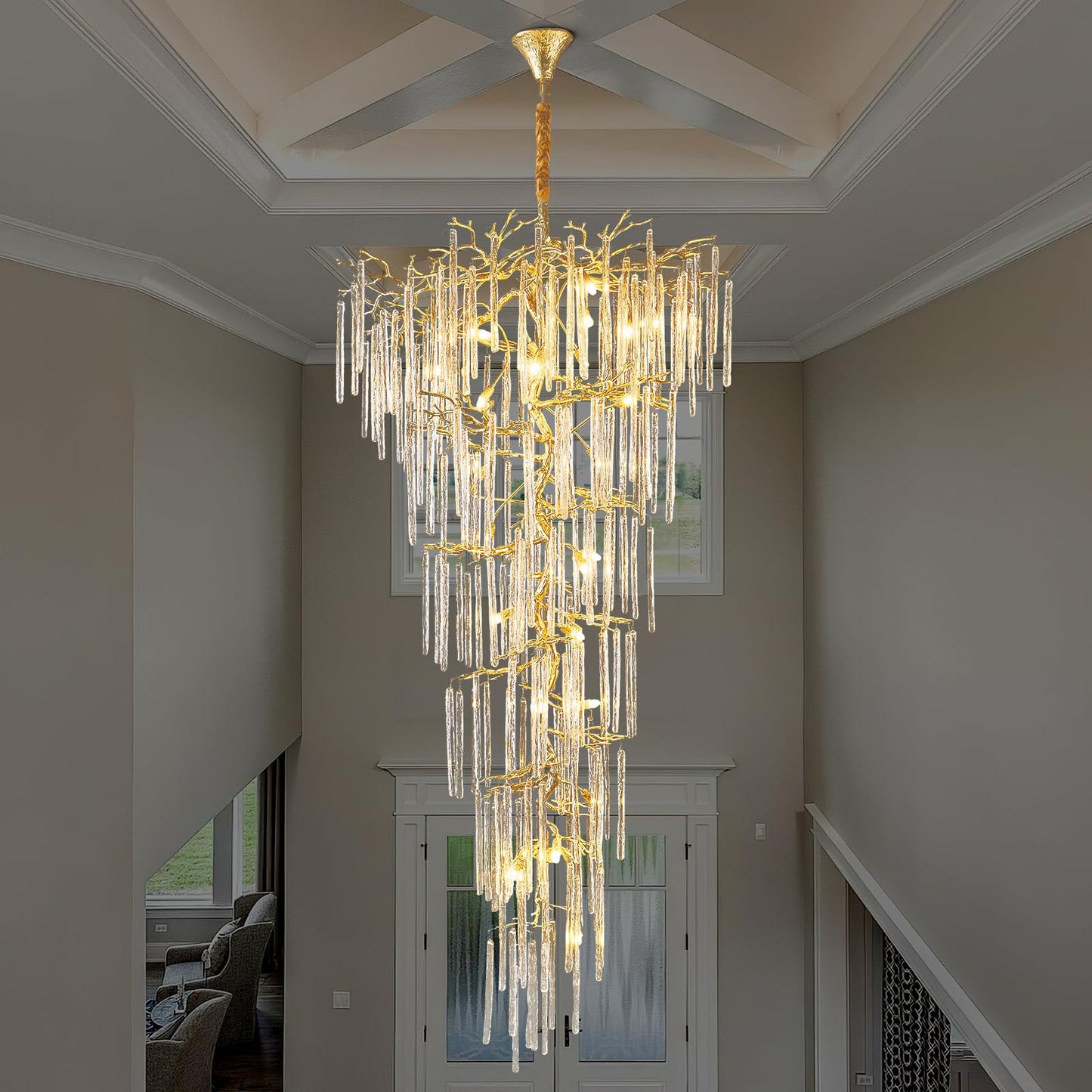 H134'' Modern Crystal Tree Branch Chandelier, Foyer High Ceiling Chandelier