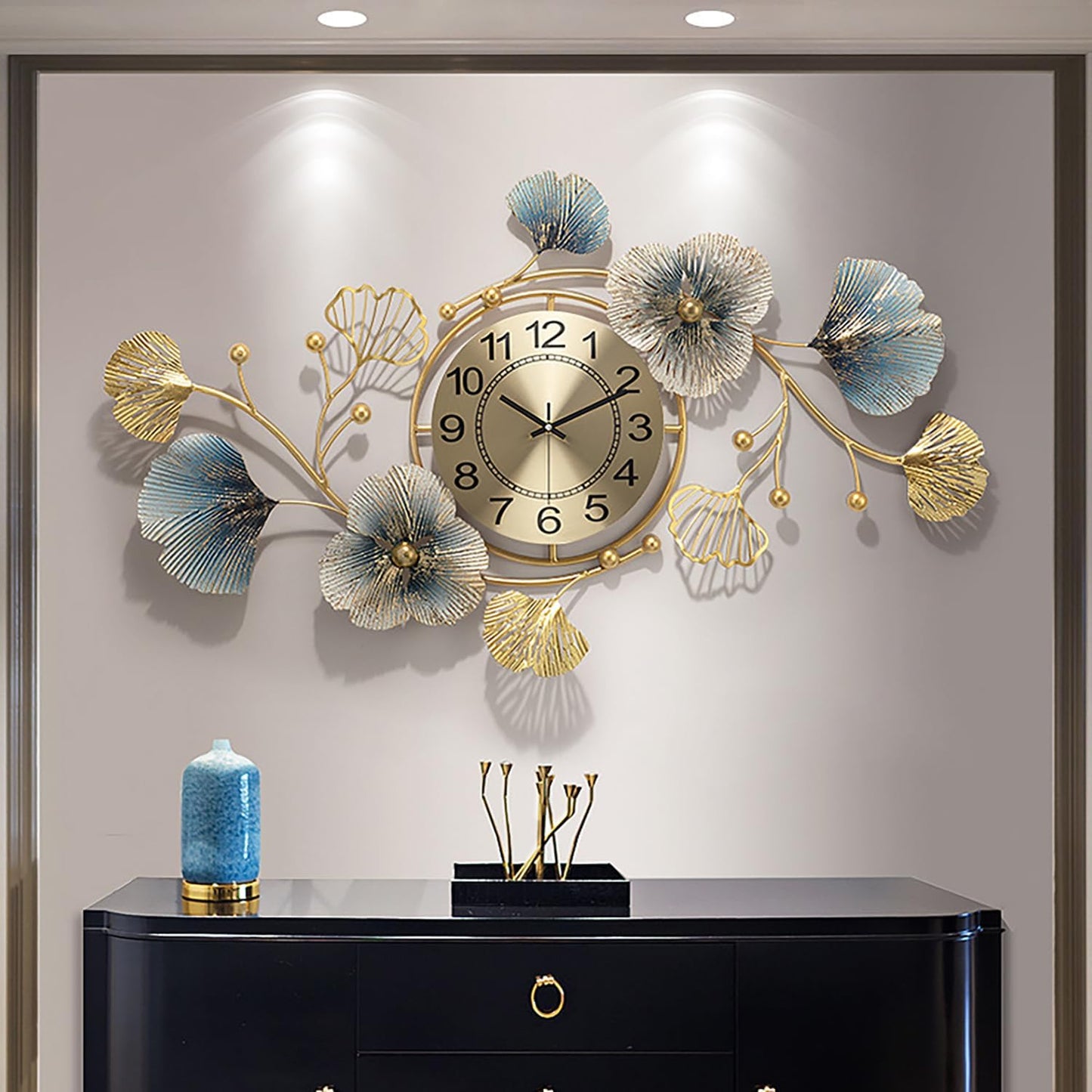 3D Metal Ginkgo Wall Clocks Decorative with Silent Movement Wall Clock