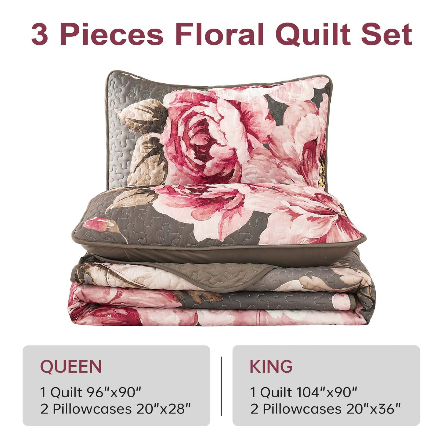 Purple Floral Quilt Set Queen Size, 3 Pieces Botanical Flower Printed