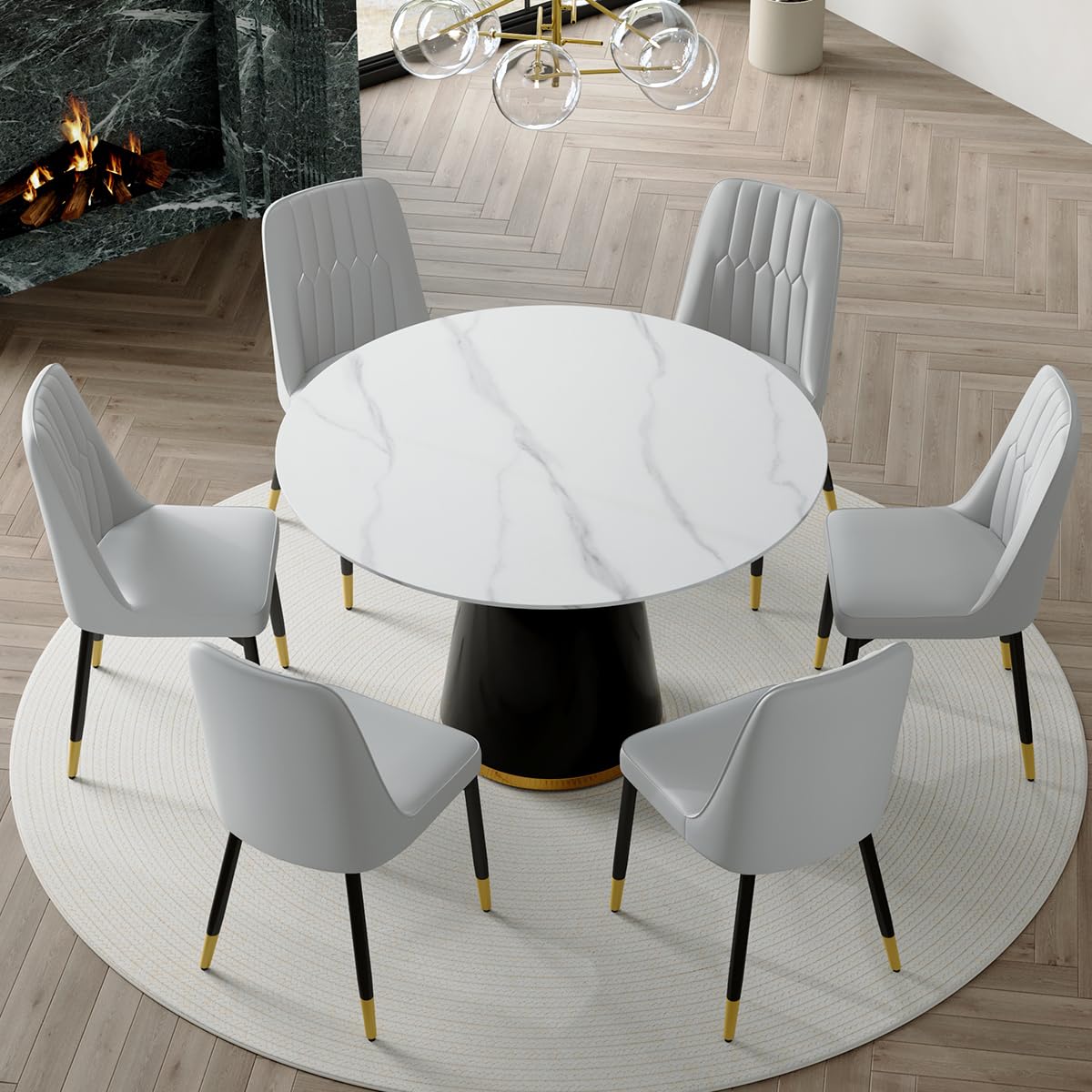 Round Dining Table Set for 6, 45''Round Wooden Dining Set