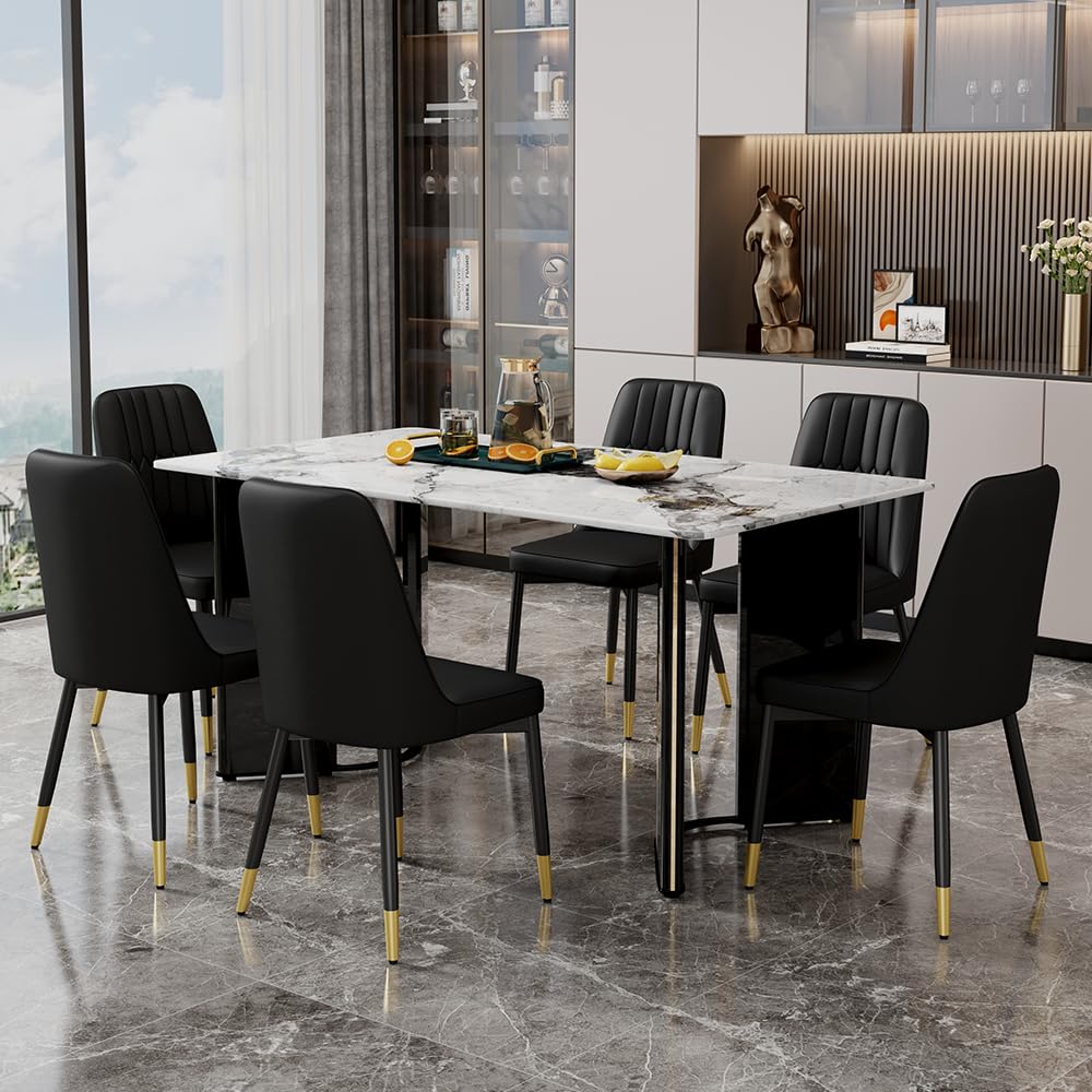 Dining Table Set for 6, White Faux Marble Pattern Table with 6 Modern Dining Chairs