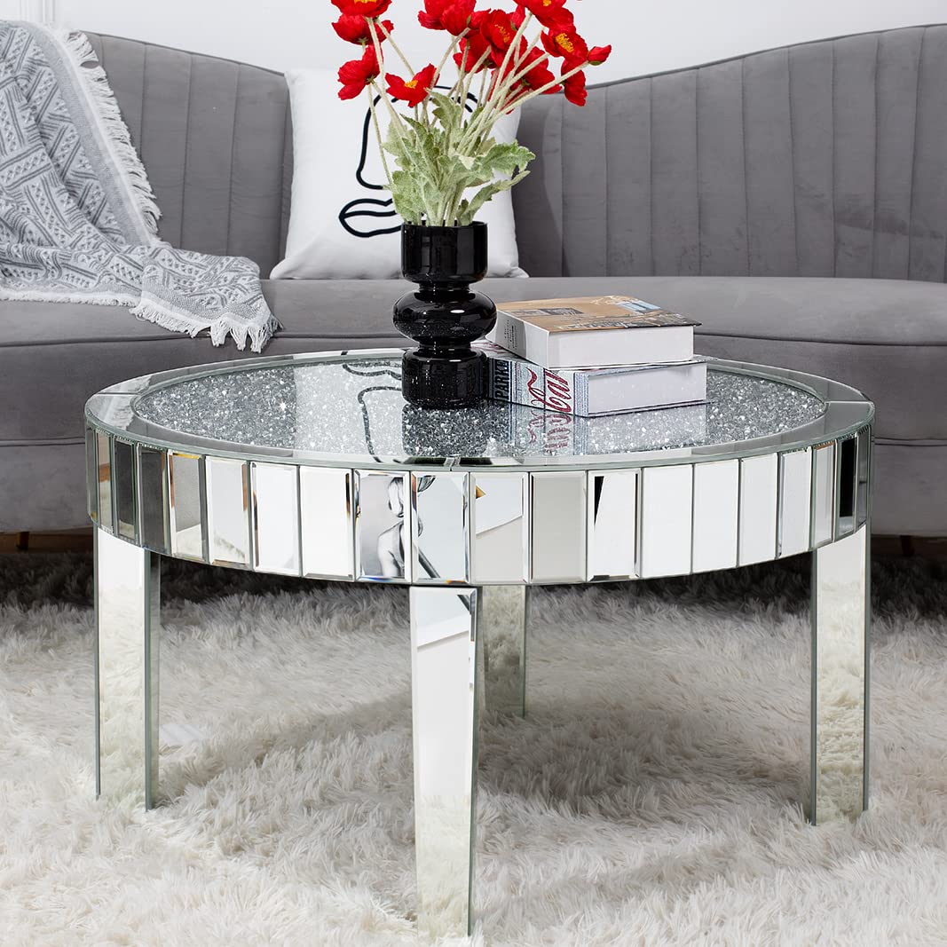 31.5'' Modern Round Coffee Table with Mirror Surface, Silver Accent Table