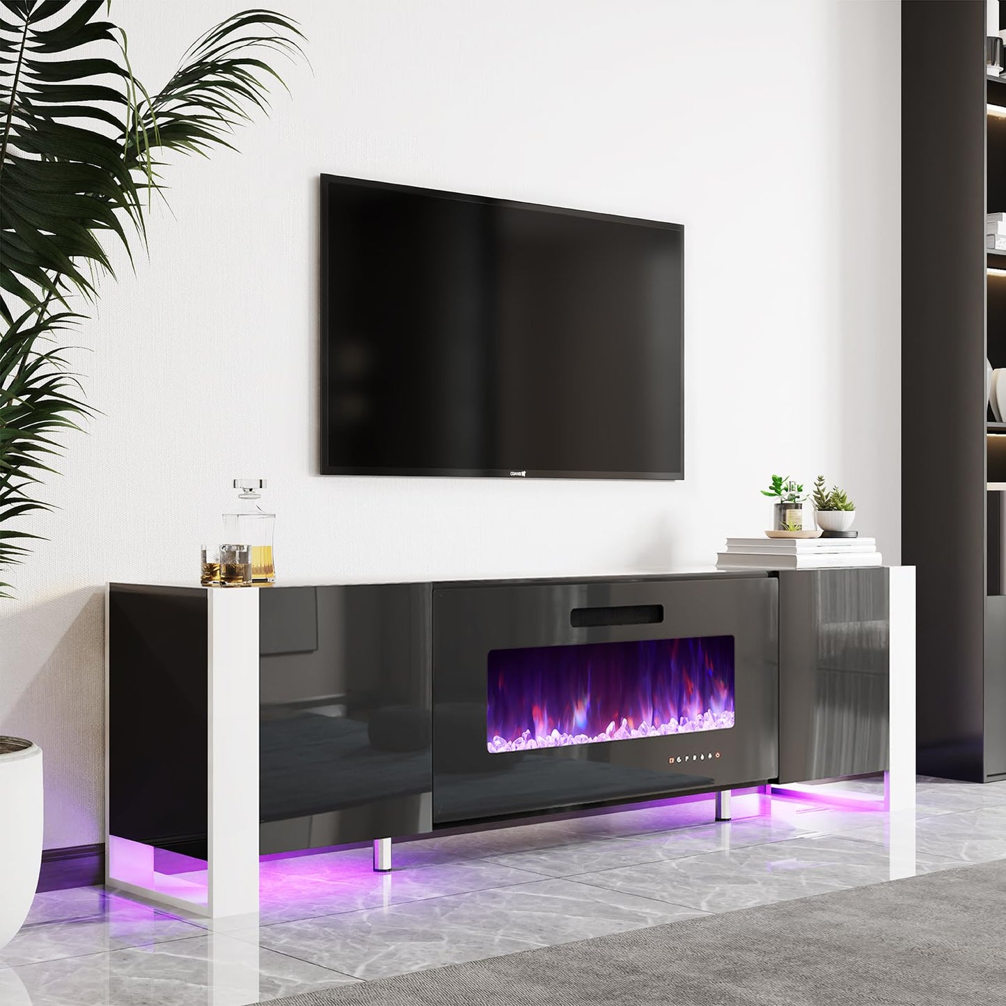 Fireplace TV Stand with 36" Fireplace, 70" Modern High Gloss Entertainment Center