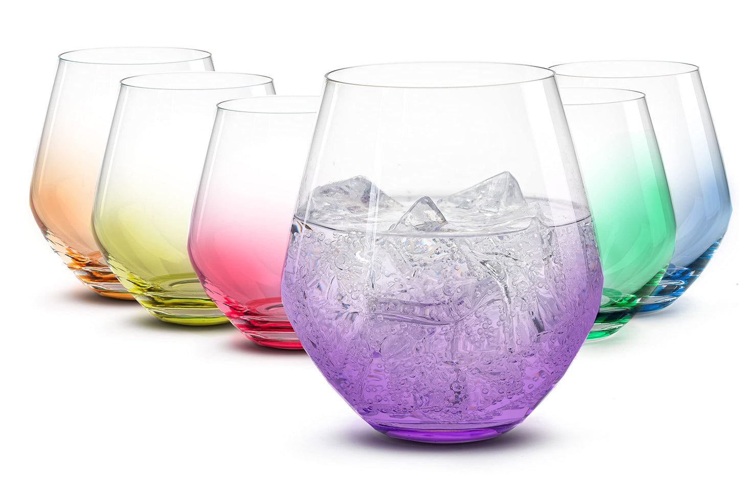 Handmade In Europe | 18oz Colored Stemless Crystal Wine Glasses set 6