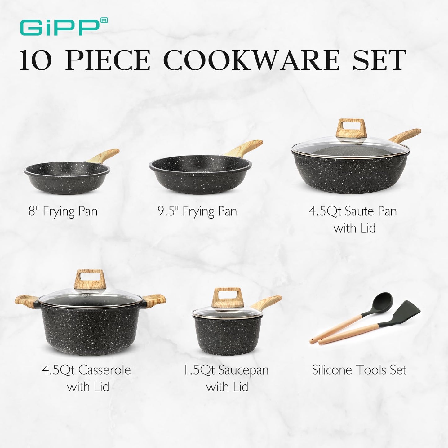 Pots and Pans Set Non Stick - 10 Pcs White Granite Kitchen Cookware Sets