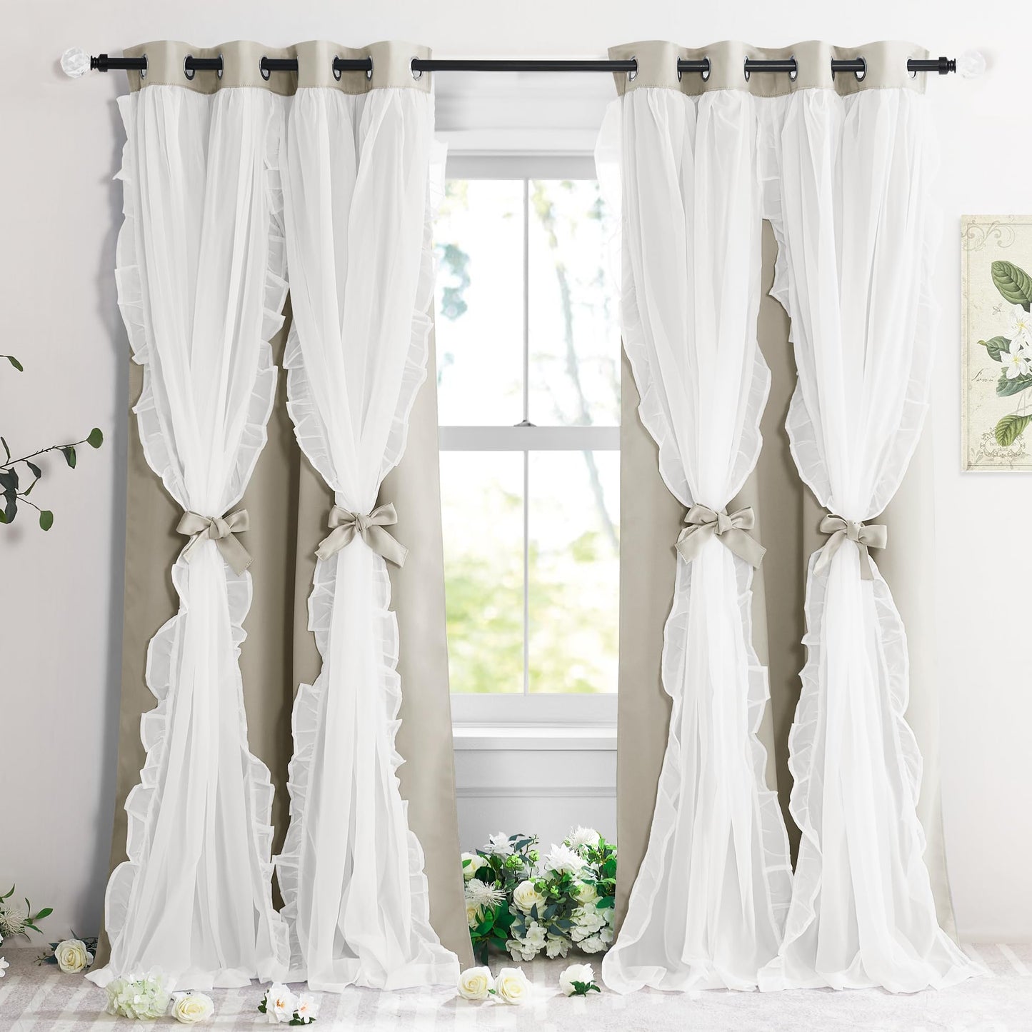 Blackout Window Treatment Double Layer Drapes Ruffle Sheer Overlay 2 Panels