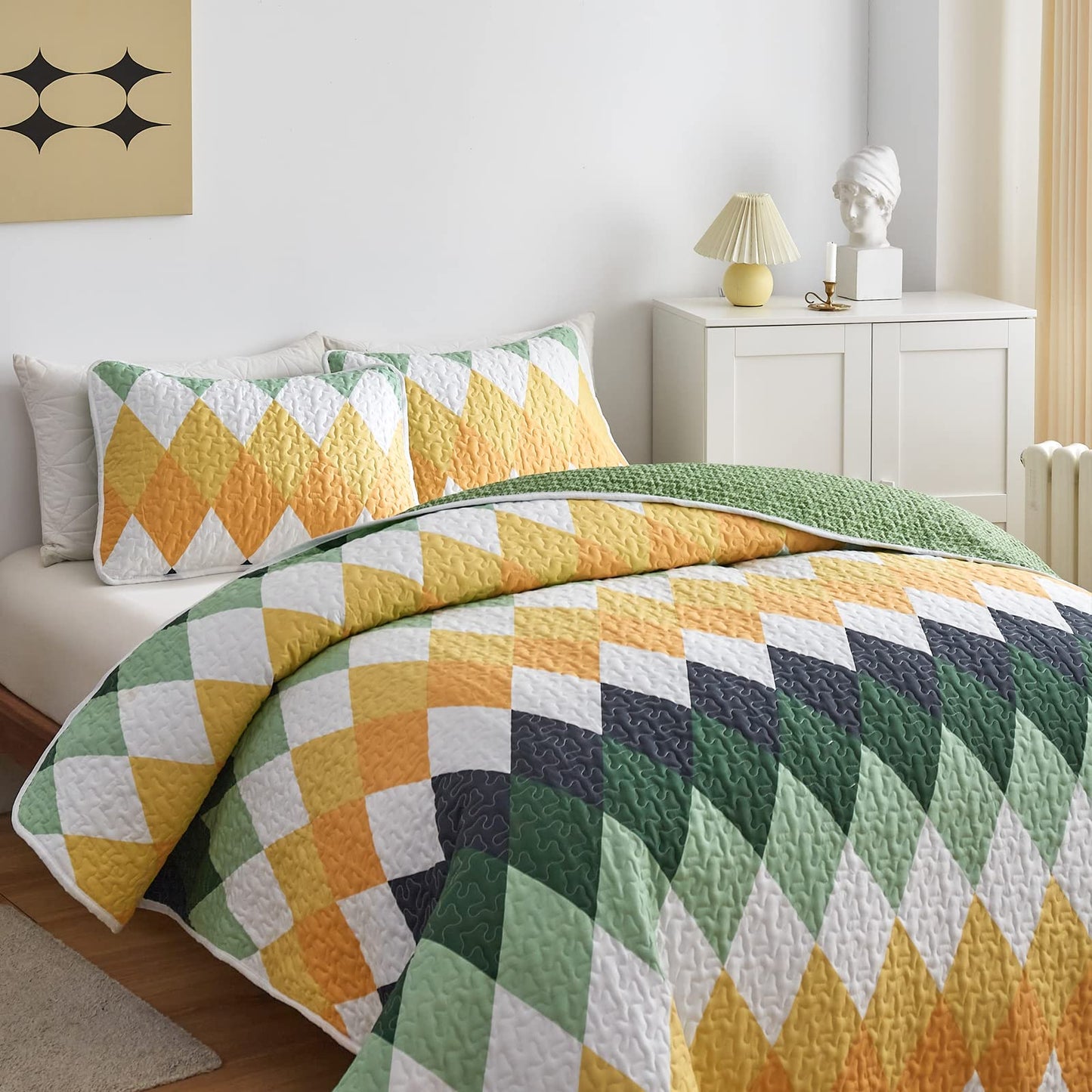 Yellow Green Rhomb Plaid Quilt Set 3pc Queen Size Reversible Coverlet