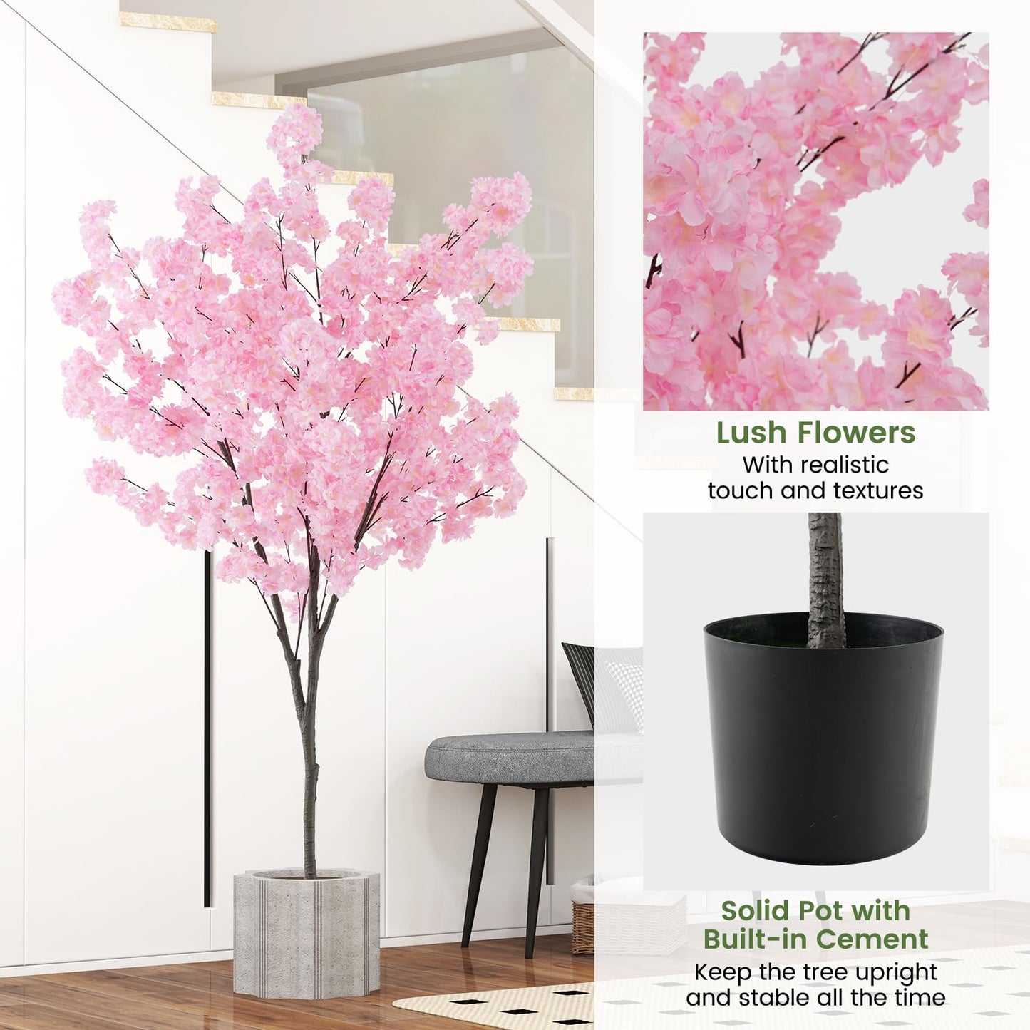 6.5FT Artificial Cherry Blossom Tree, 2 Pack Pink  Blooming Tree in Cement Pot