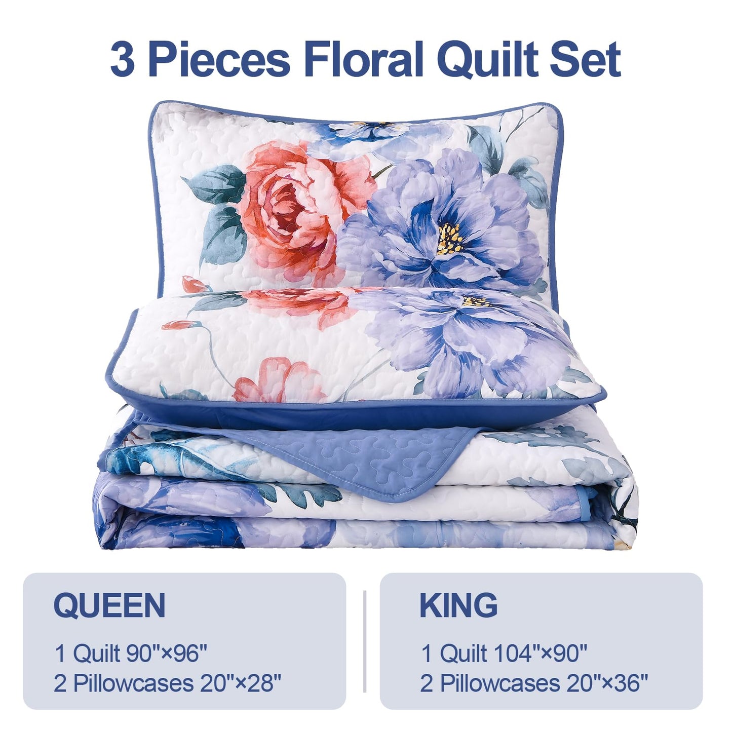 Purple Floral Quilt Set Queen Size, 3 Pieces Botanical Flower Printed