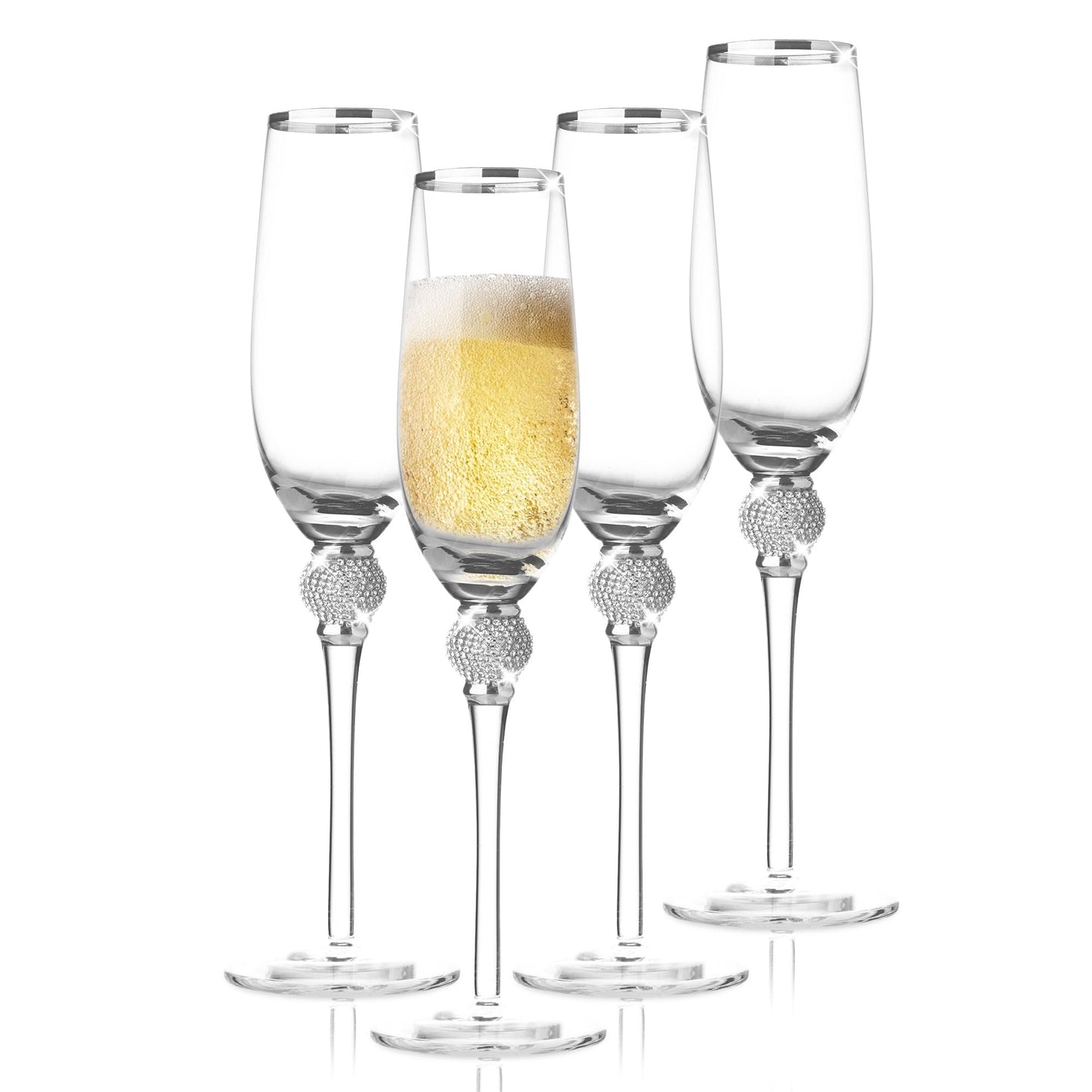 Crystal Champagne Glasses with Silver Rim & Dazzling Rhinestone Design