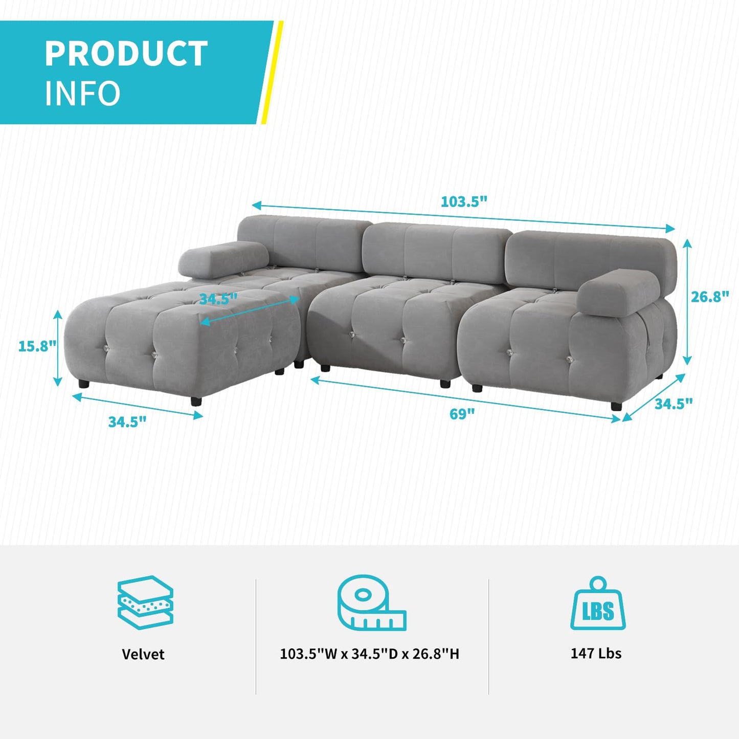 103" W Convertible Modular Sectional Sofa, Luxury Modern 4-Seater Bubble Sofa