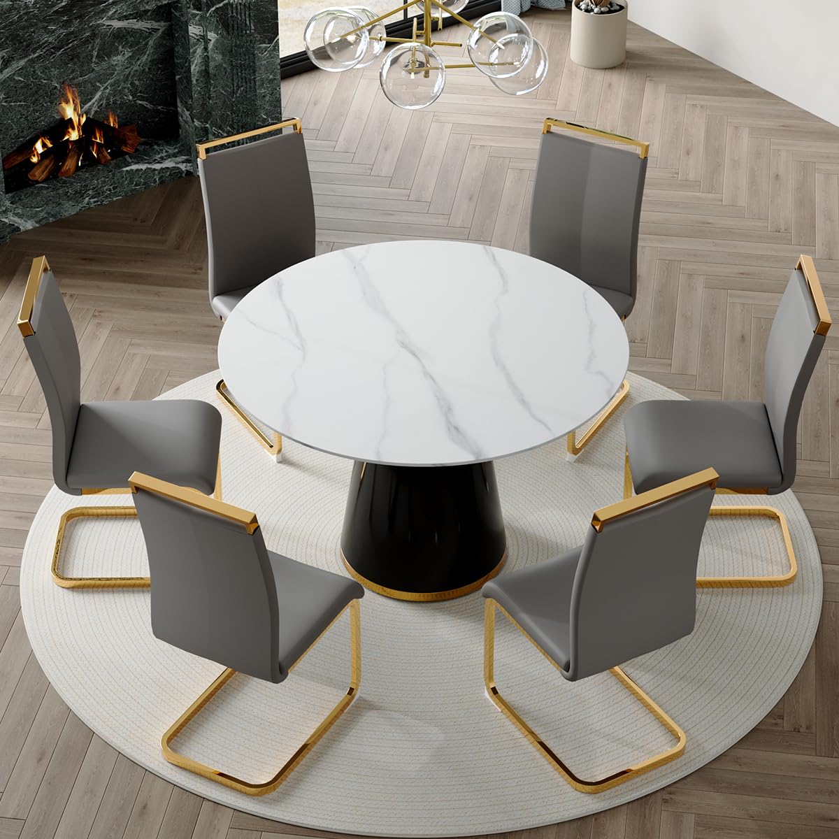 Round Dining Table Set for 6, 45''Round Wooden Dining Set