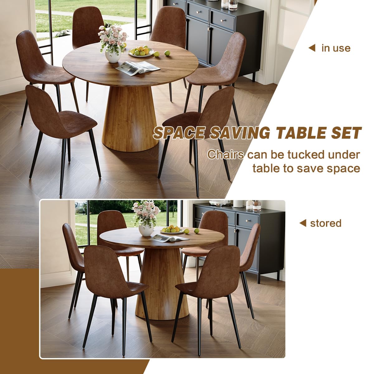 Round Dining Table Set for 6, 45''Round Wooden Dining Set