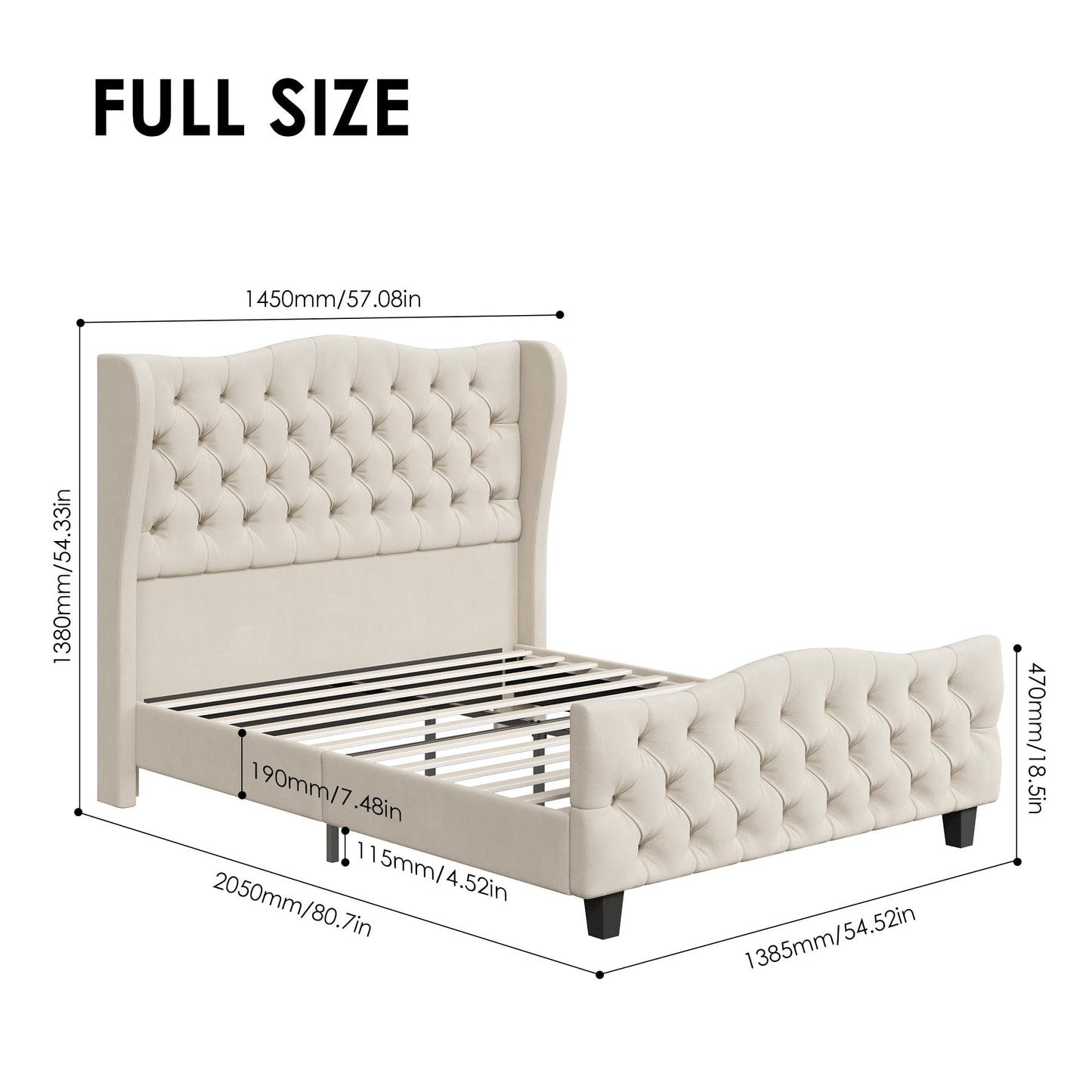 Tall Platform Bed Frame with Deep Button Tufted Wingback Headboard and Footboard