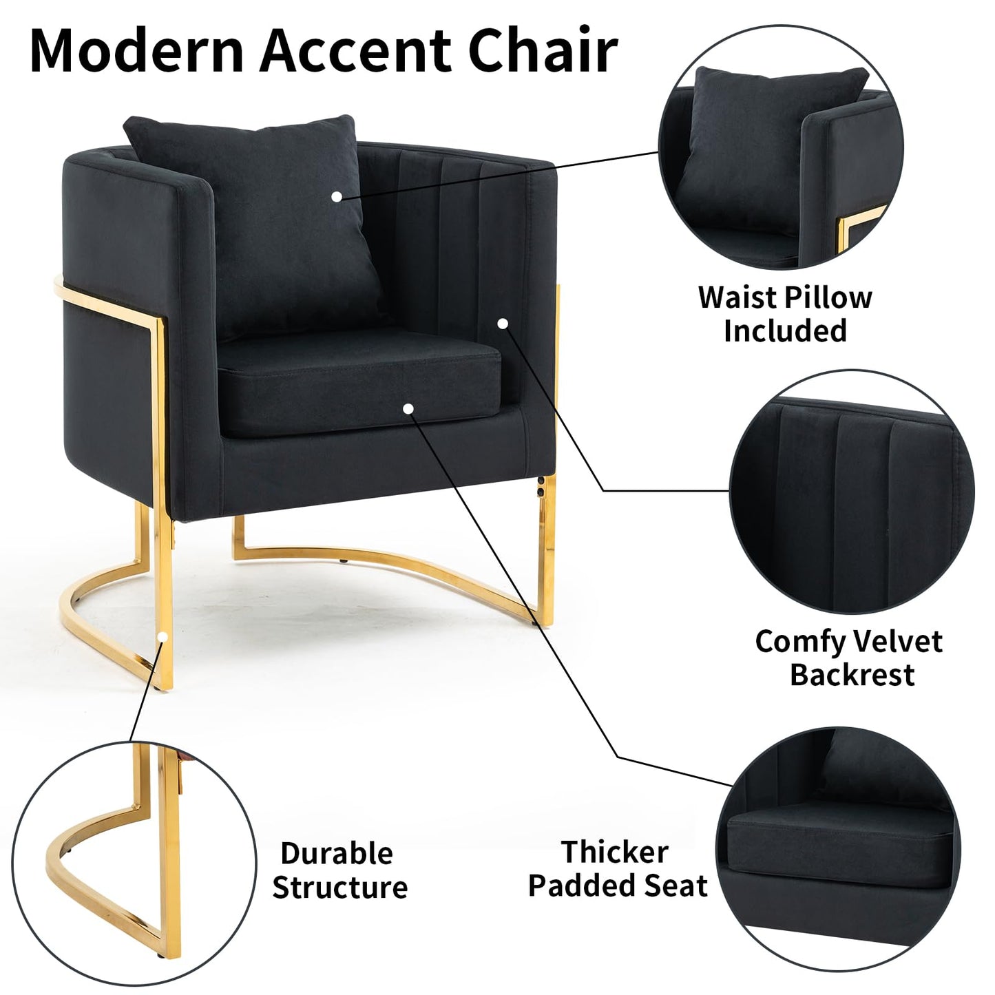 Velvet Modern Accent Chairs Set of 2, Upholstered Barrel Armchair