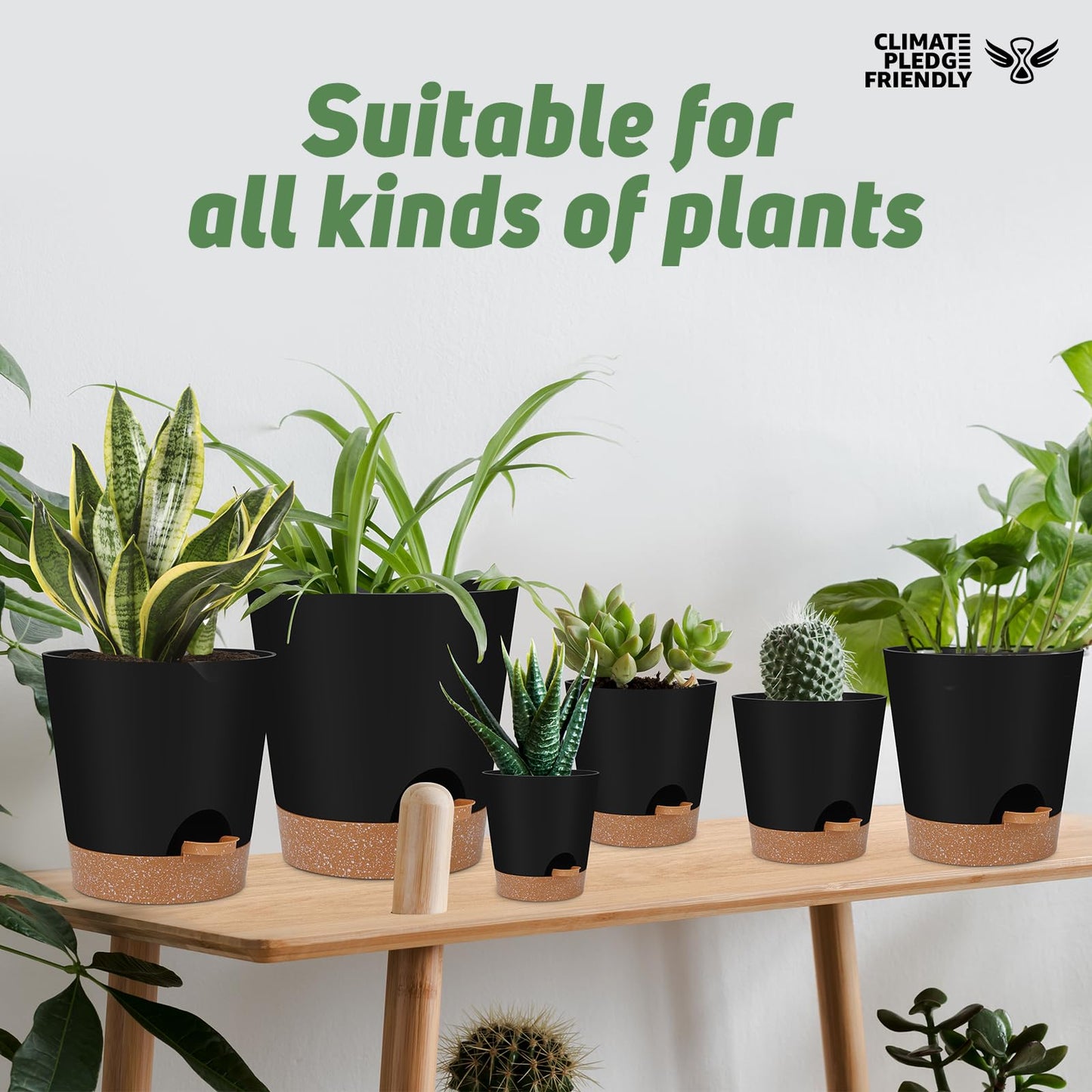 Indoor Self Watering Planters with Drainage Holes and Saucers, Black, 6 Pots