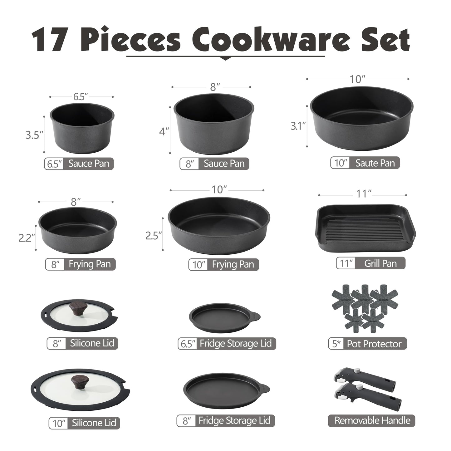 17 Piece Pots and Pans Set, Nonstick Detachable Handle Cookware