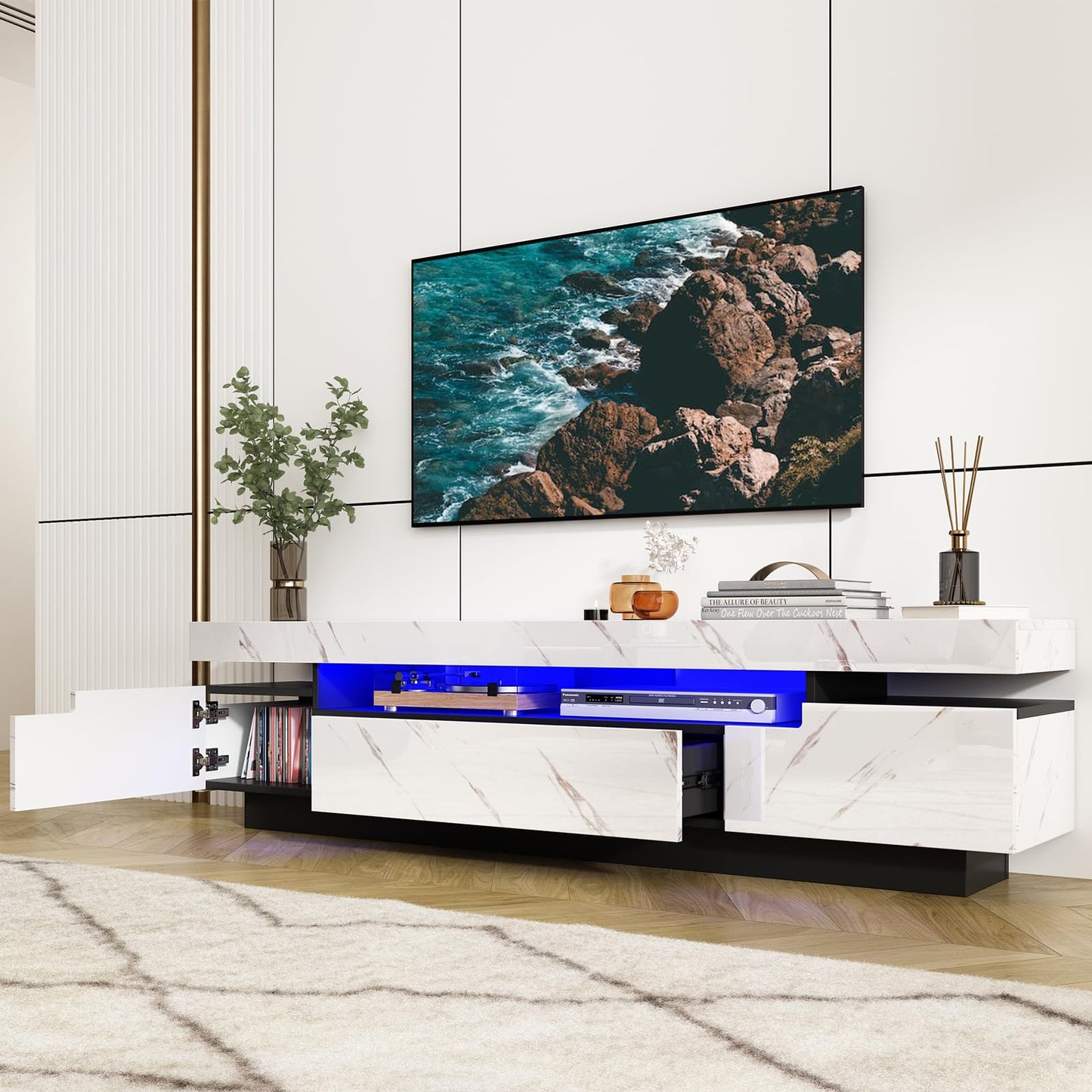 70IN White TV Stand for 75/80 inch TV,Modern LED TV Stand for Living Room