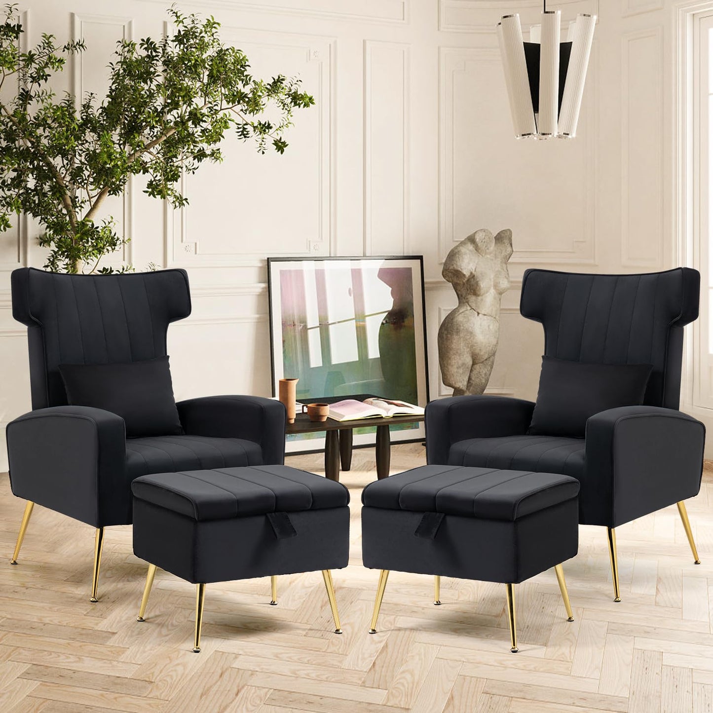 Velvet Accent Chairs Set of 2, Mid Century Modern Armchair with Ottoman