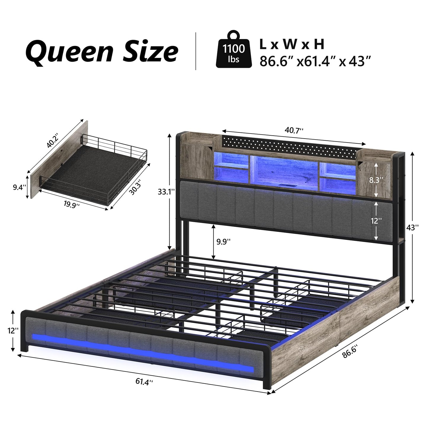 King LED Upholstered Metal Bed Frame with Storage Headboard