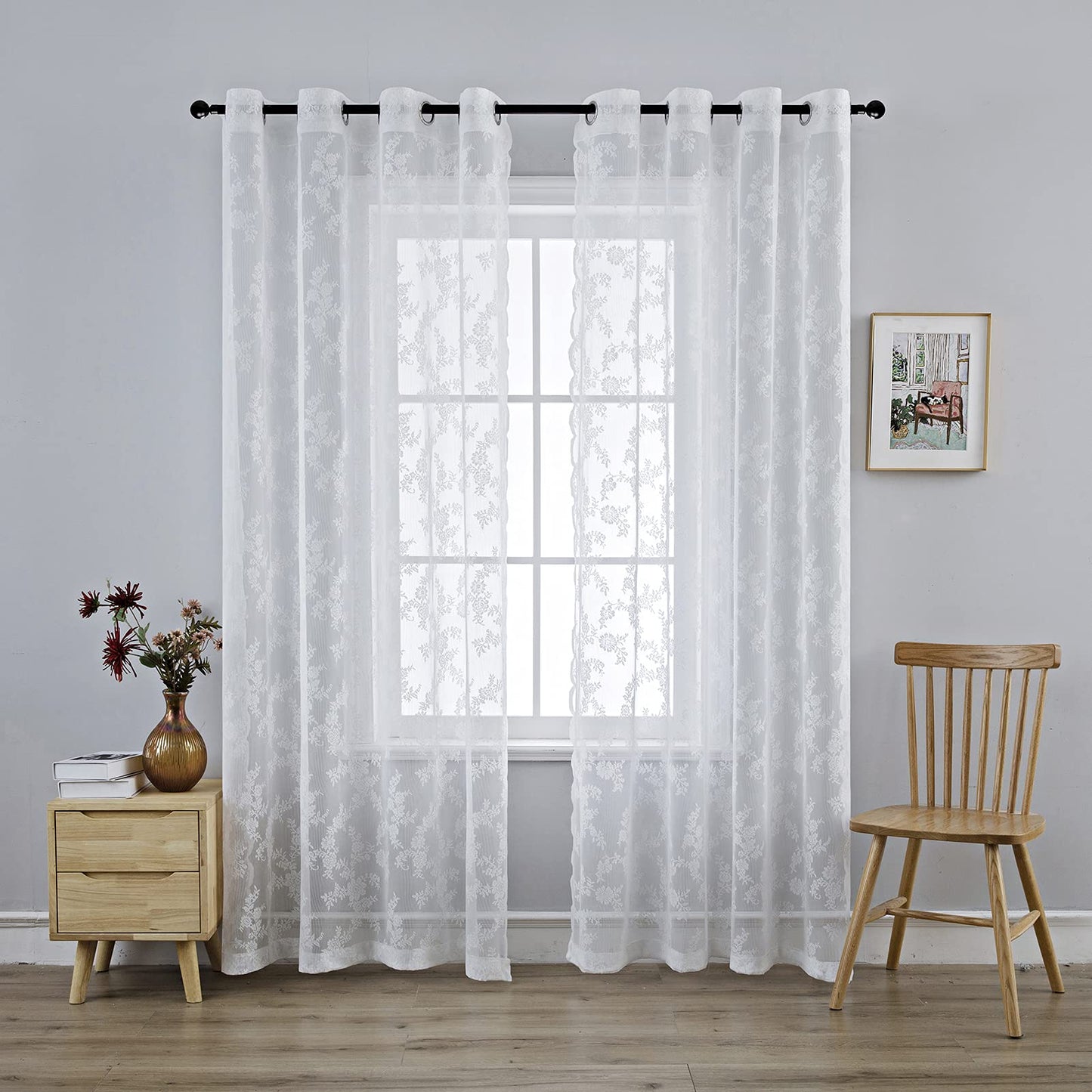 White Lace Sheer Curtain Panels for Living Room Set