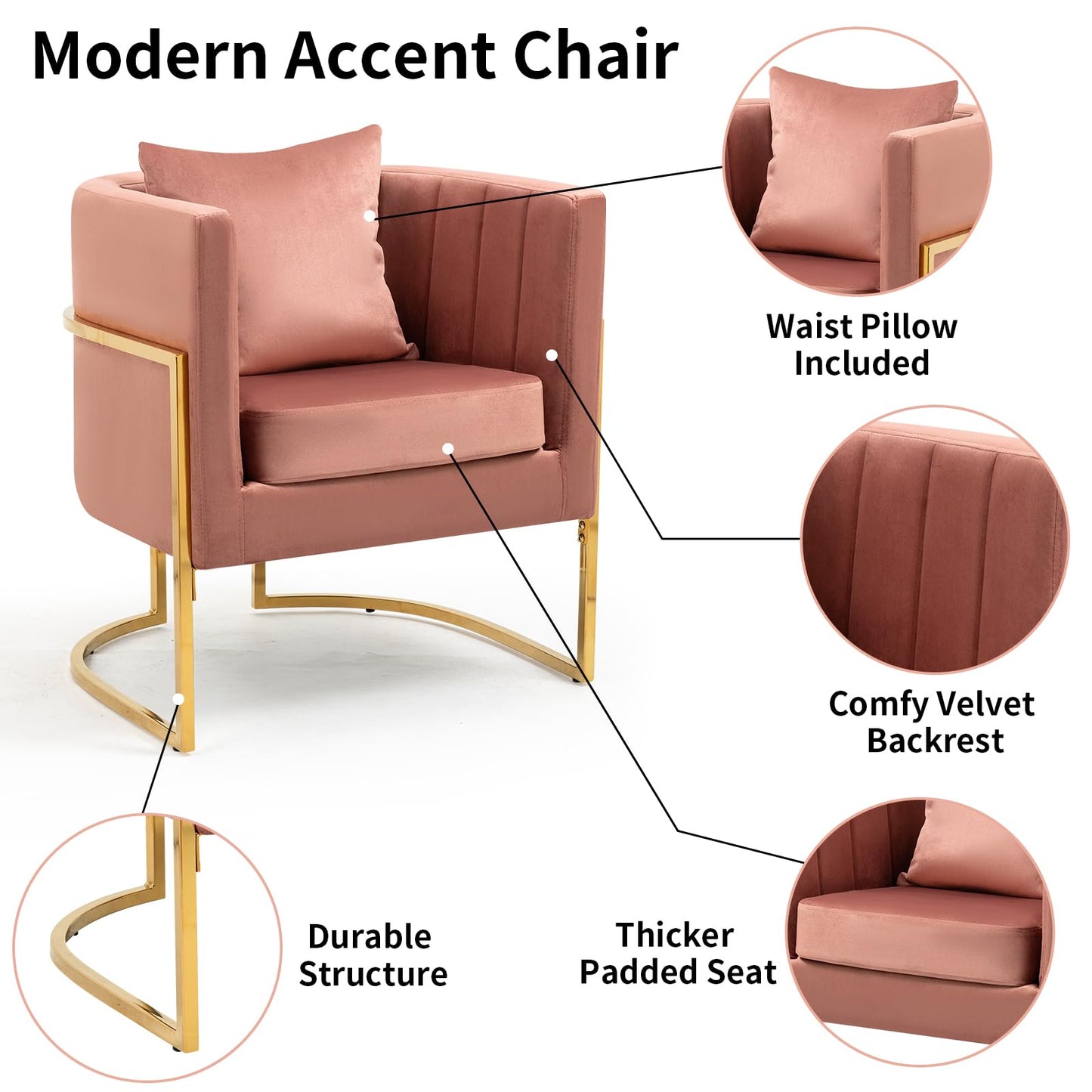 Velvet Modern Accent Chairs Set of 2, Upholstered Barrel Armchair