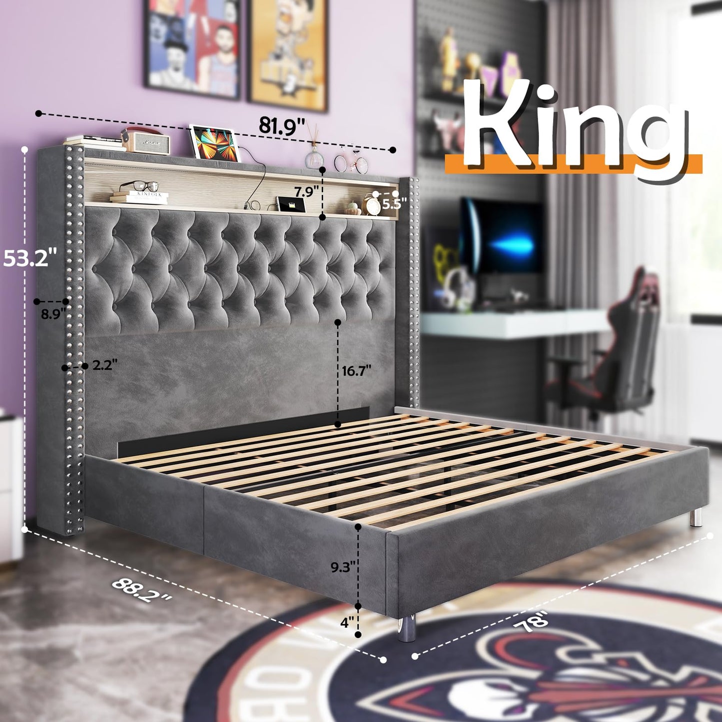 LED King Size Bed Frame and Headboard with Charging Station Velvet Upholstered