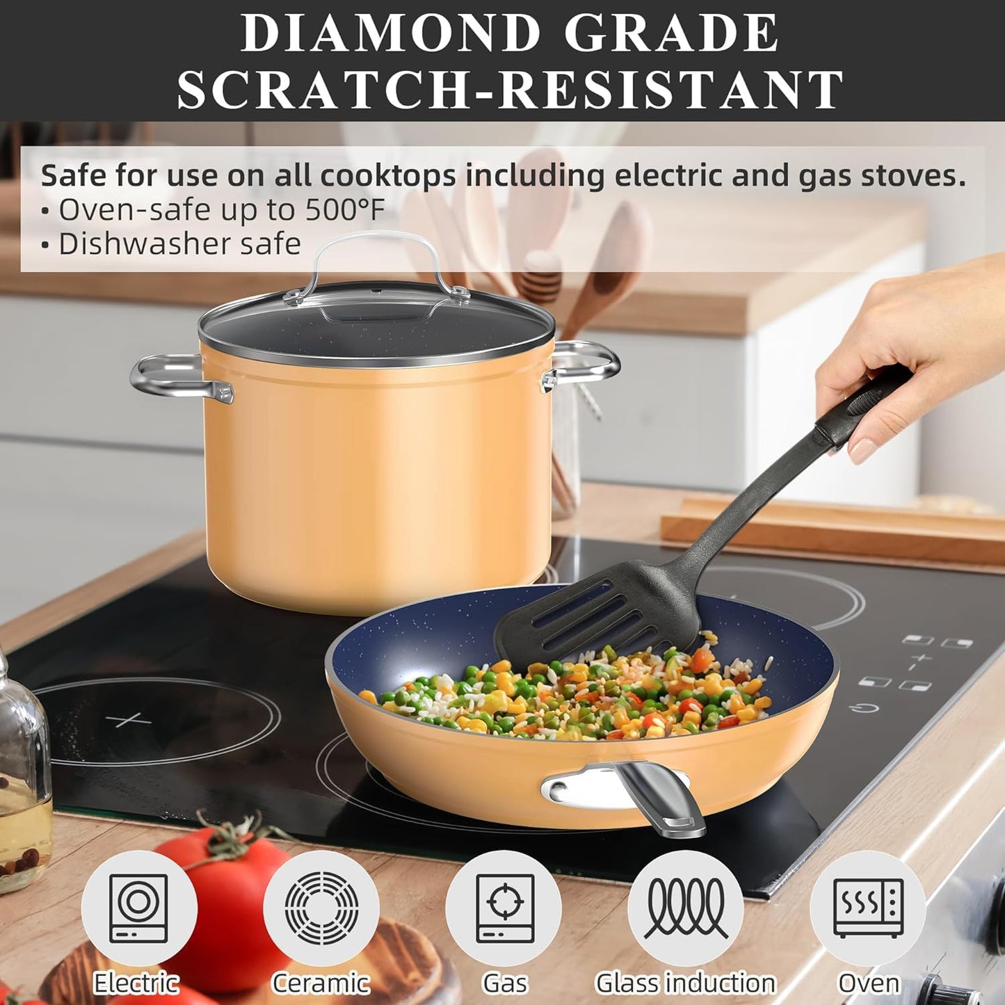 Ceramic Nonstick Cookware Set, Diamond Infused Scratch-Resistant