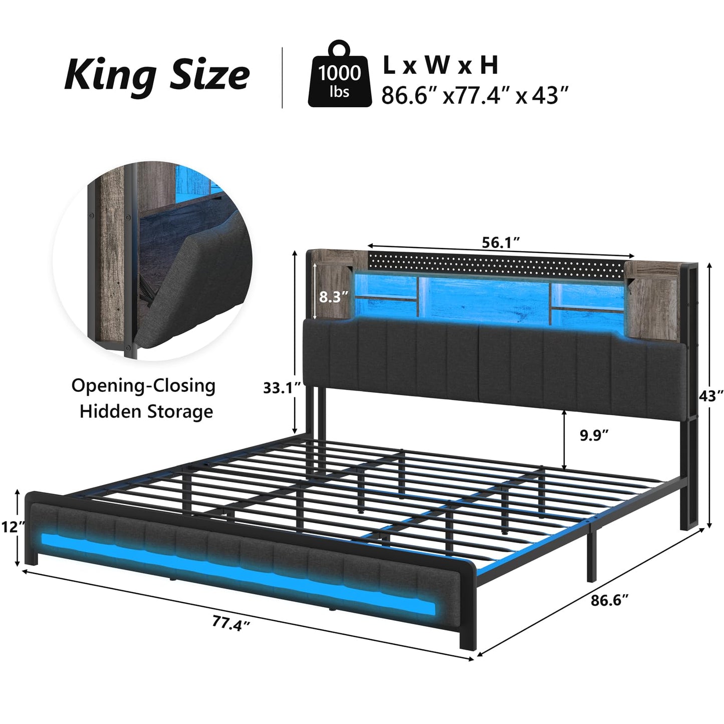 King LED Upholstered Metal Bed Frame with Storage Headboard