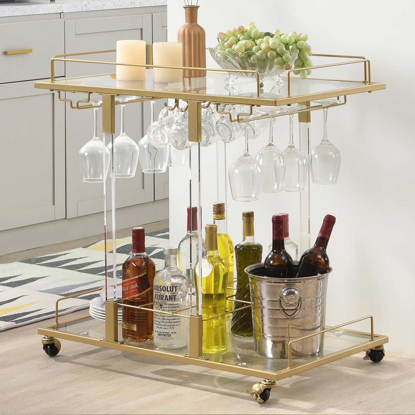 Silver Bar Cart Home Bar Serving Cart with Wine Rack 2-Tier Acrylic