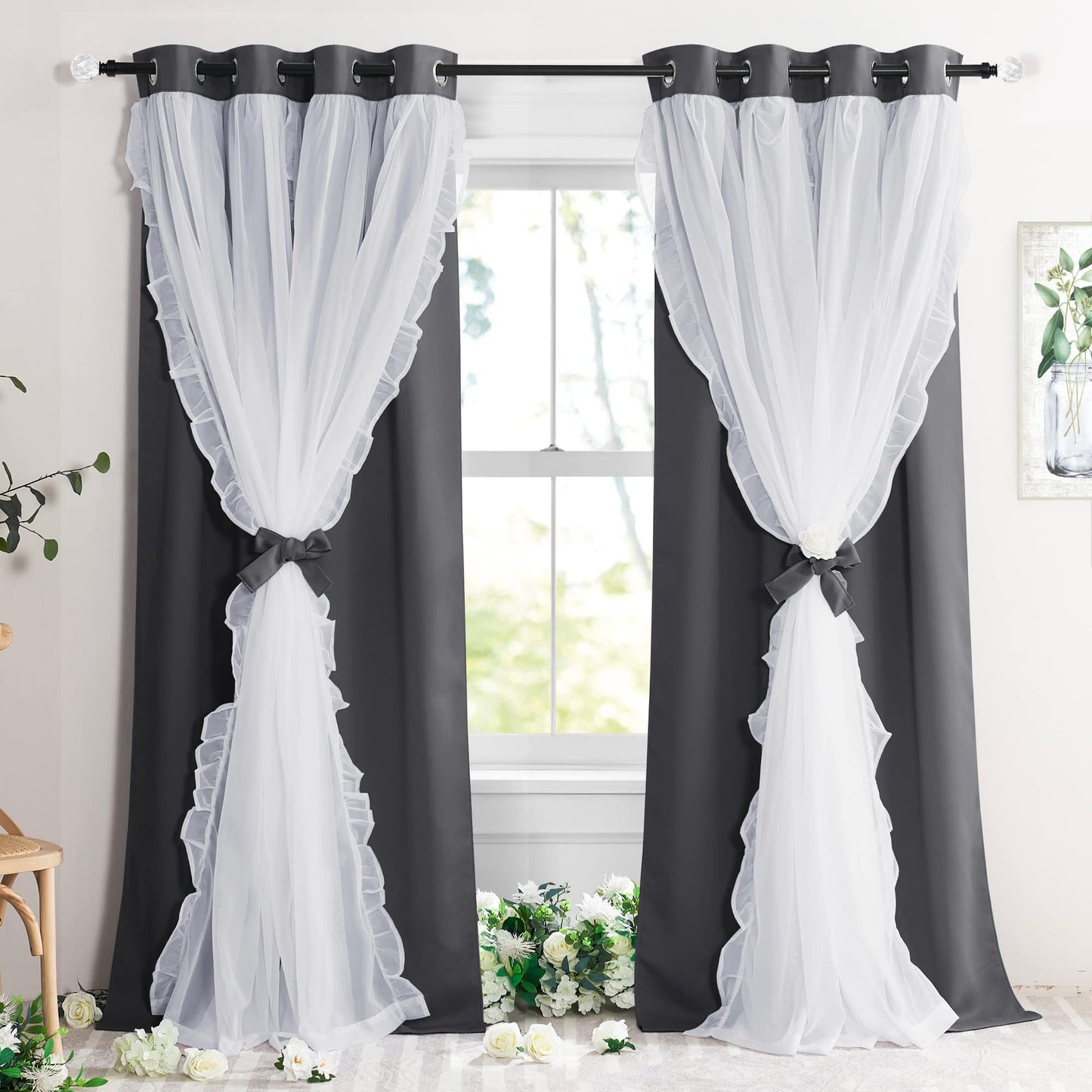 Blackout Window Treatment Double Layer Drapes Ruffle Sheer Overlay 2 Panels