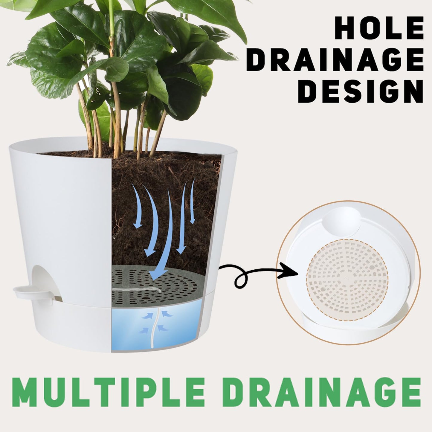 Indoor Self Watering Planters with Drainage Holes and Saucers, Black, 6 Pots