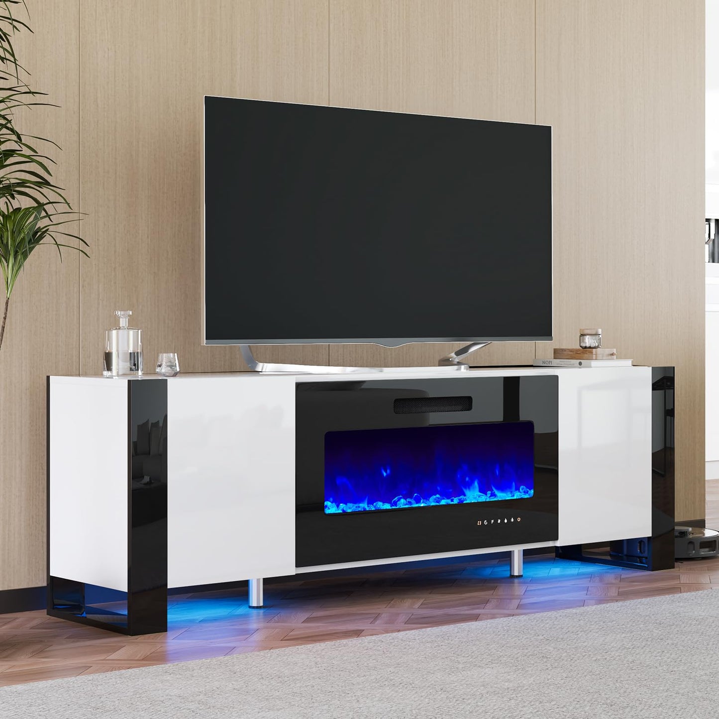 Fireplace TV Stand with 36" Fireplace, 70" Modern High Gloss Entertainment Center