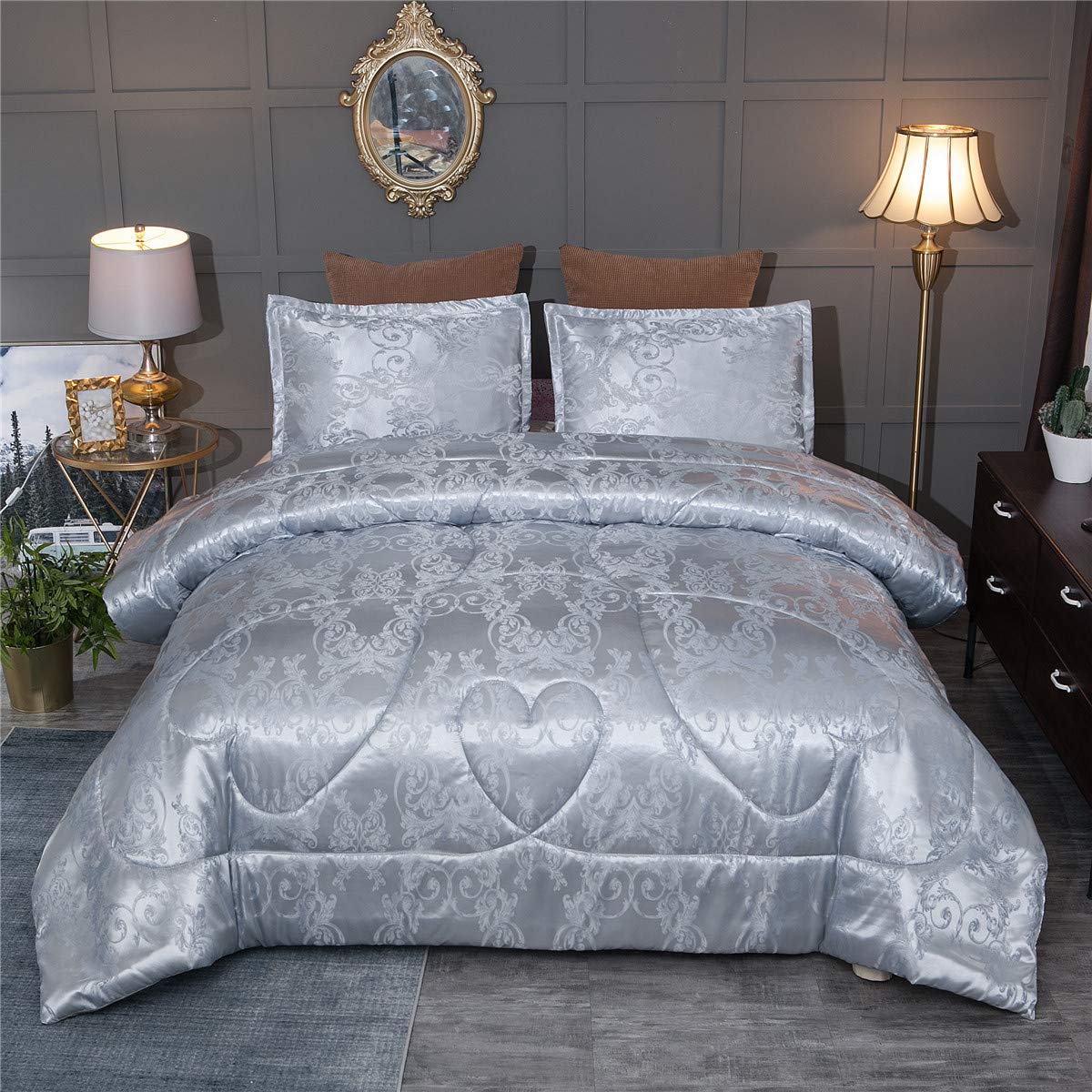 Comforter Set Satin Silk Blanket All Season Bed Luxury Royal Blue Jacquard