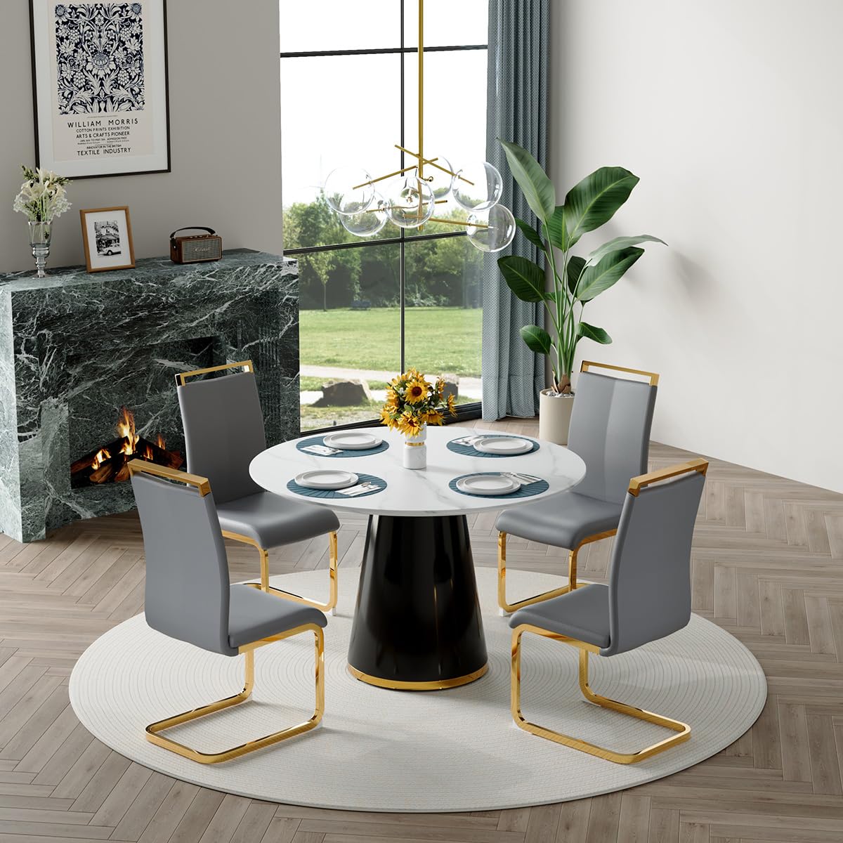 Round Dining Table Set for 6, 45''Round Wooden Dining Set