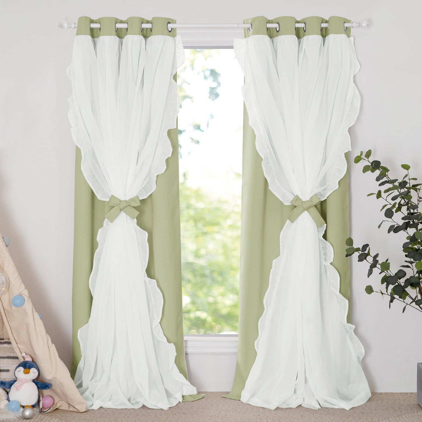 Blackout Window Treatment Double Layer Drapes Ruffle Sheer Overlay 2 Panels