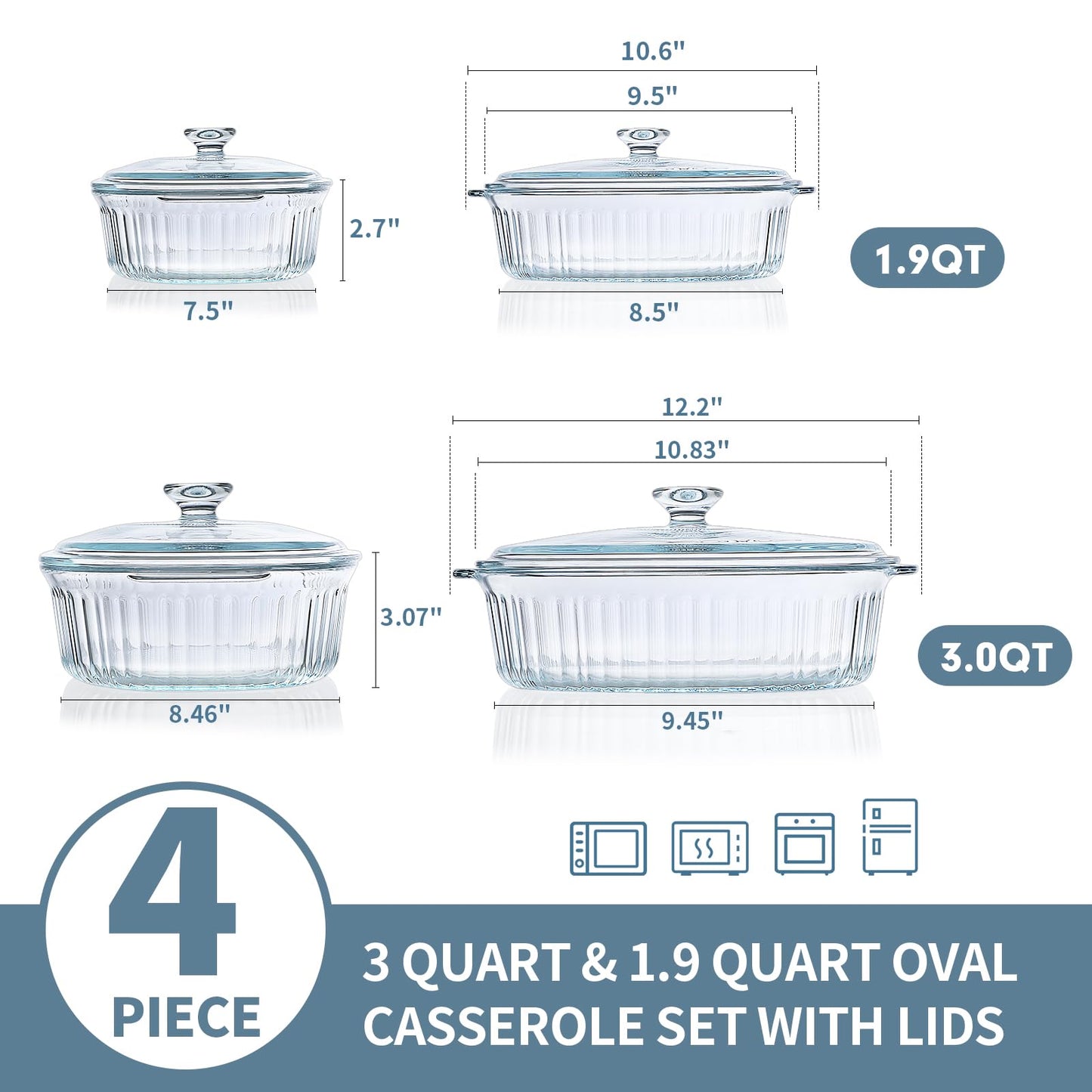 4-Piece Glass Casserole Baking Dish, Set of 2 Casseroles With Glass Lids