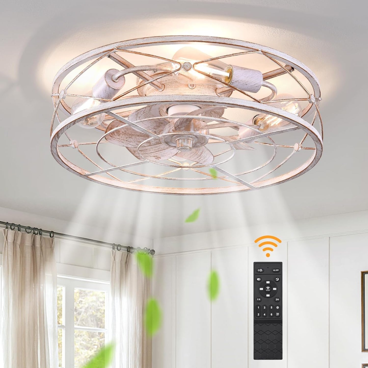 Caged Ceiling Fans with Lights and Remote, 20 Inch Flush Mount Fan