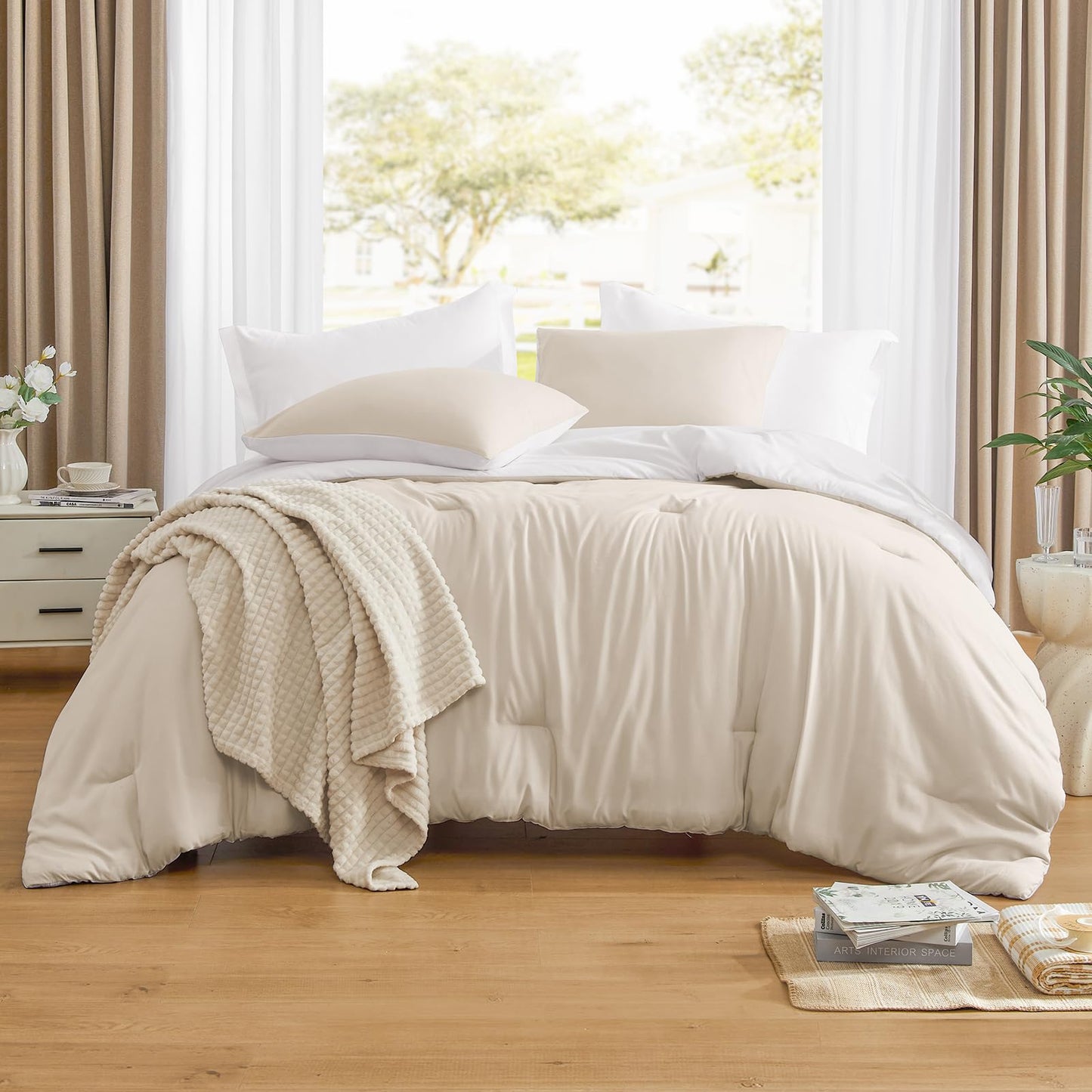 Lightweight Beige Comforter Set Queen Size, Fluffy Comforters