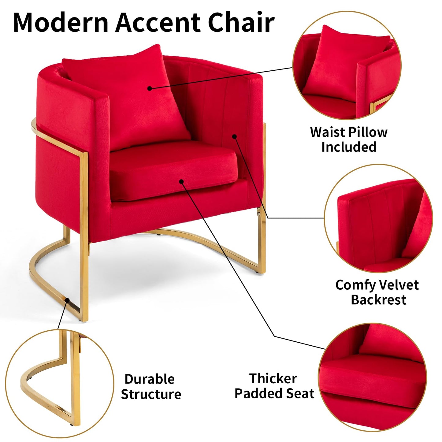 Velvet Modern Accent Chairs Set of 2, Upholstered Barrel Armchair