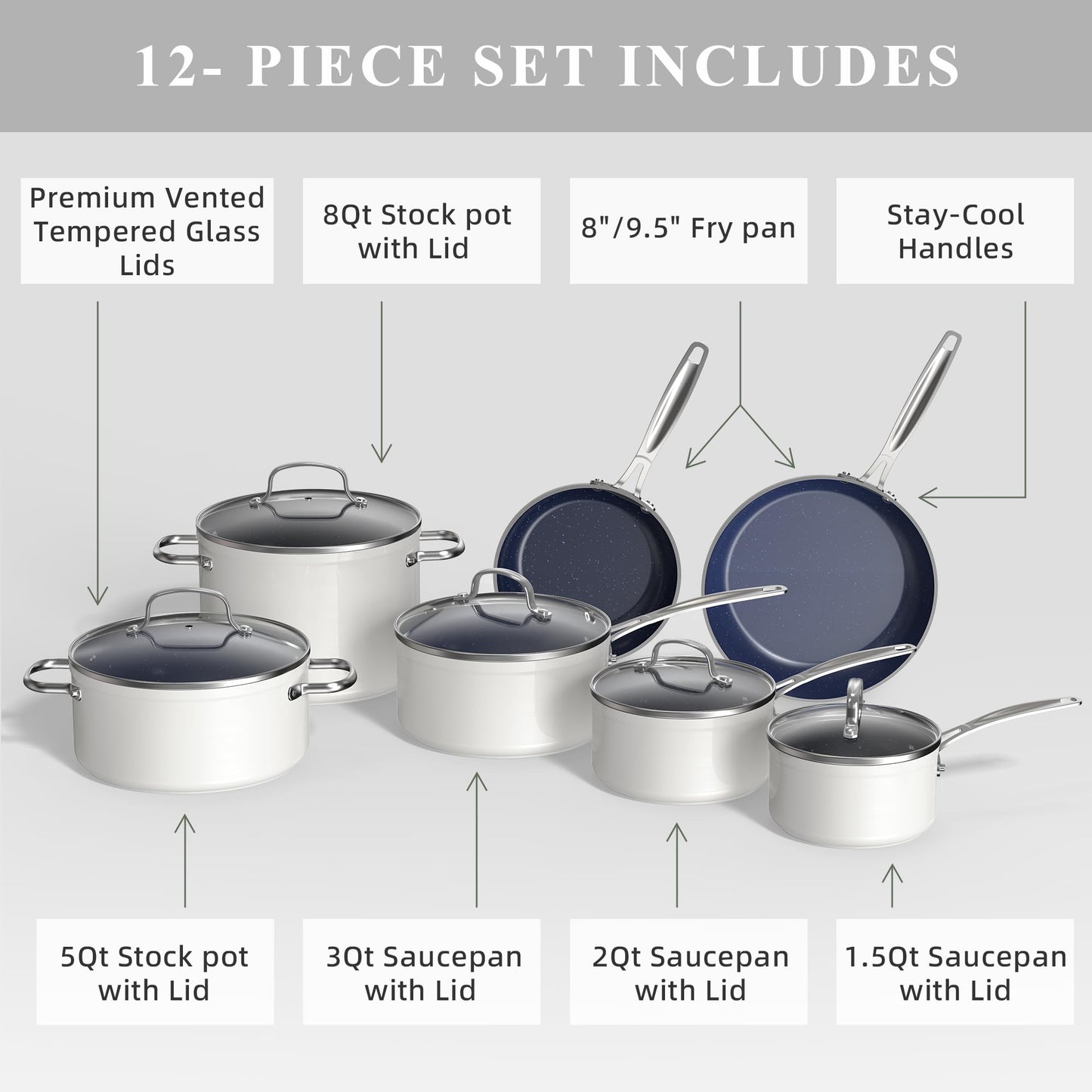 Ceramic Nonstick Cookware Set, Diamond Infused Scratch-Resistant