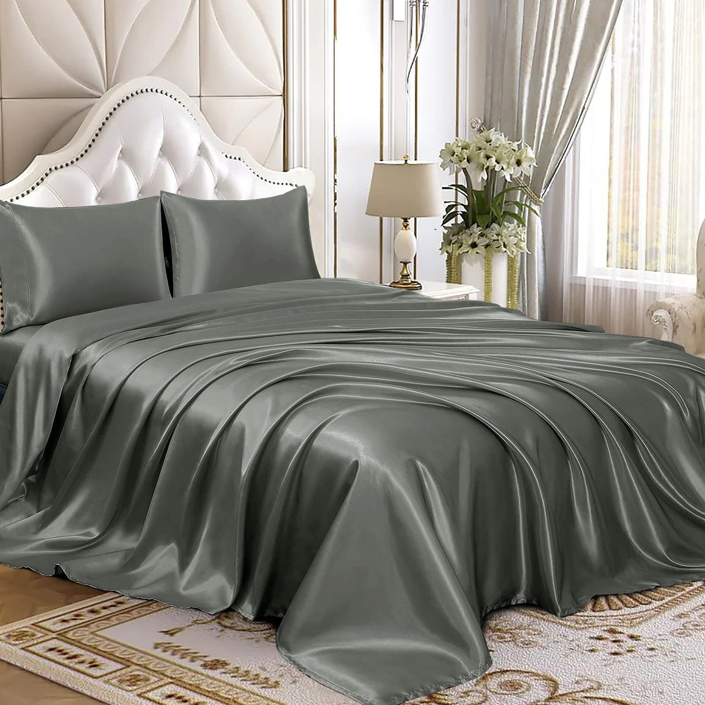 4pcs Satin Sheets Set Luxury Silky Satin Bedding Set with Deep Pocket