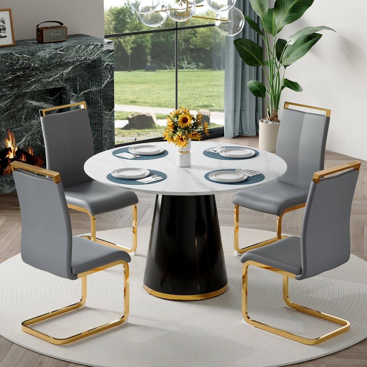 Round Dining Table Set for 6, 45''Round Wooden Dining Set