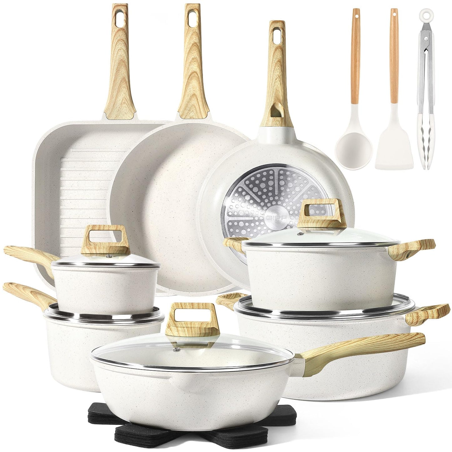 Pots and Pans Set Non Stick - 10 Pcs White Granite Kitchen Cookware Sets