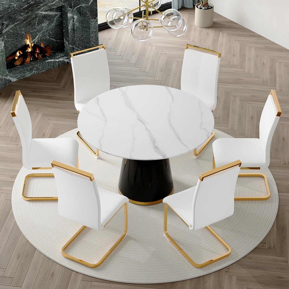 Round Dining Table Set for 6, 45''Round Wooden Dining Set