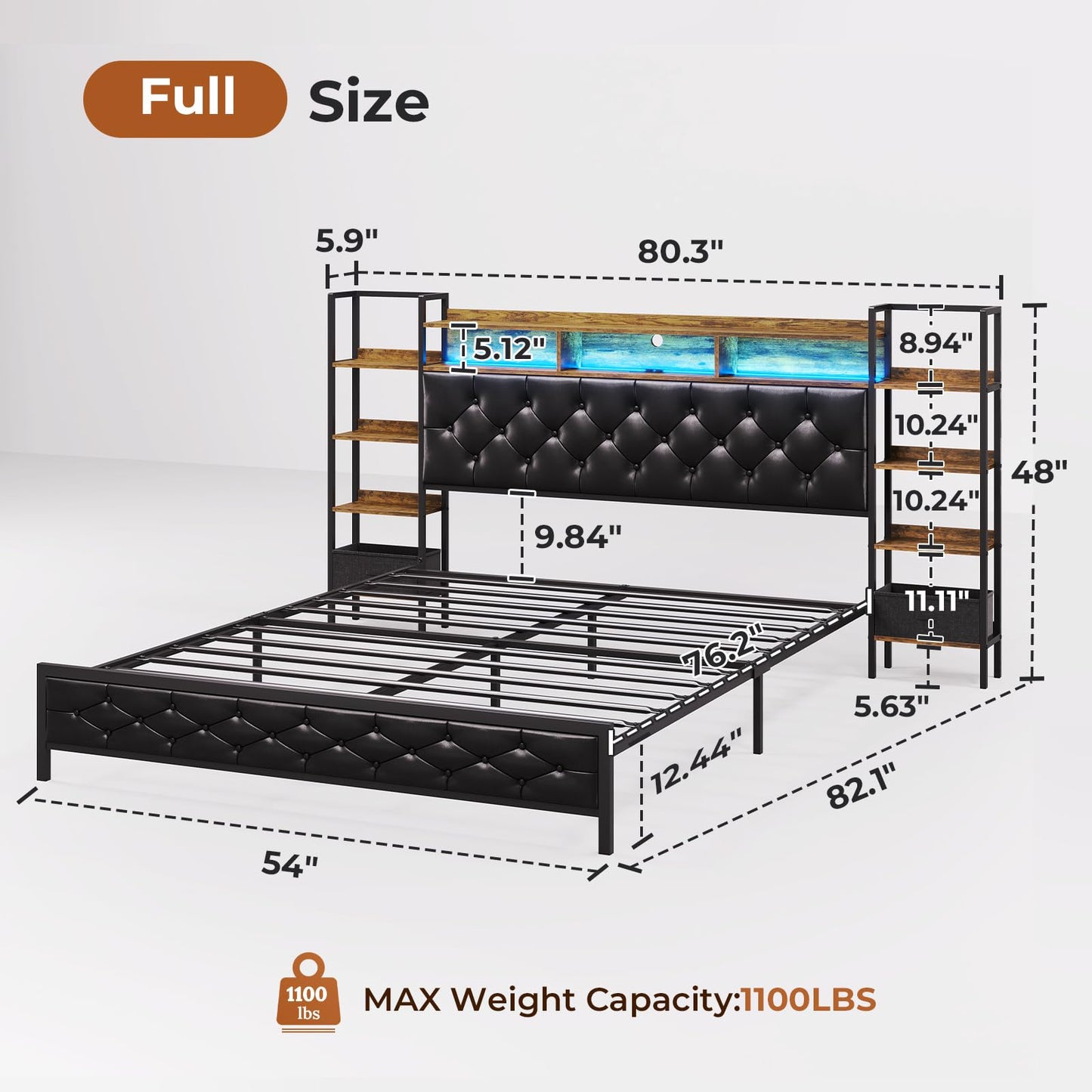 Queen Bed Frame with Storage Headboard and LED Lights