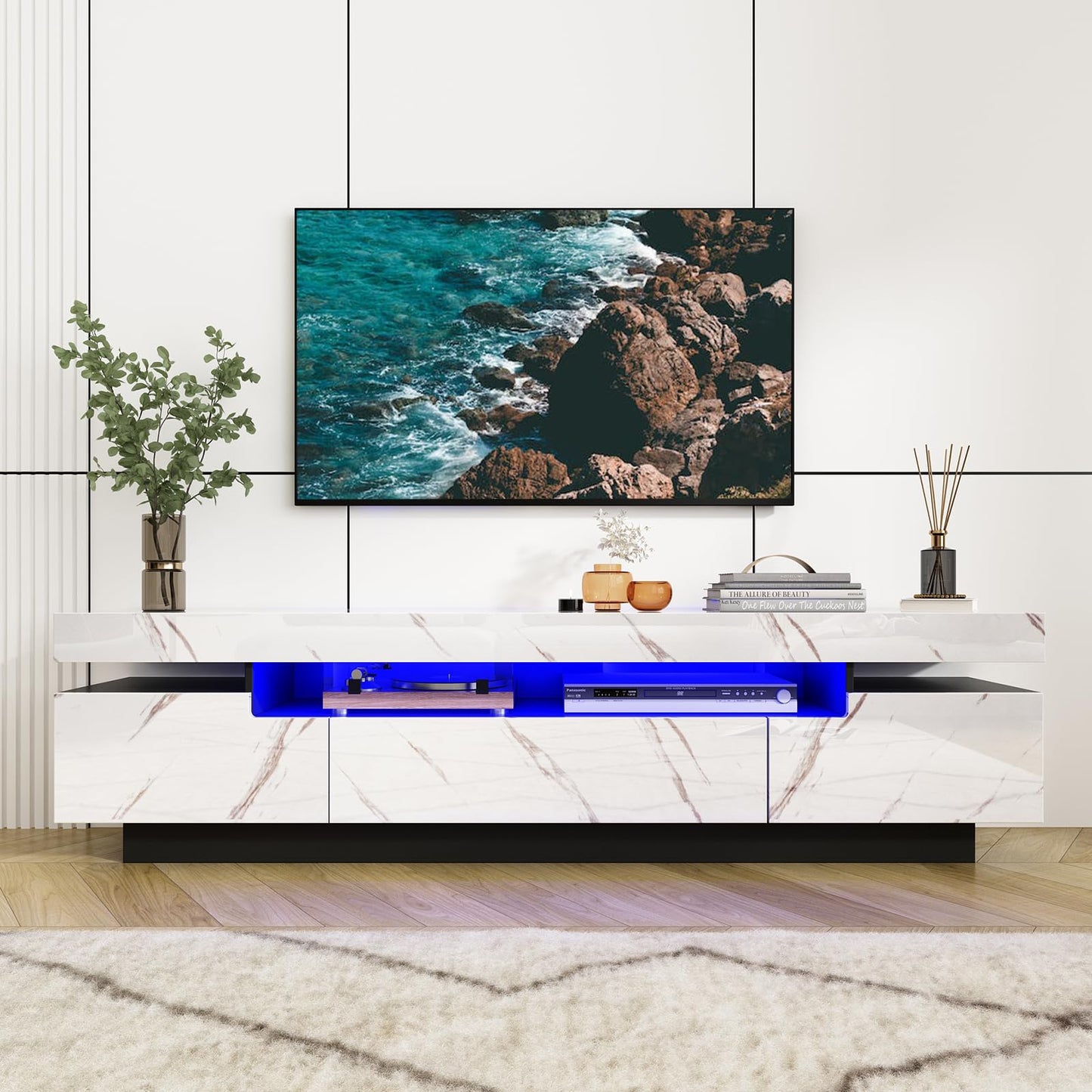 70IN White TV Stand for 75/80 inch TV,Modern LED TV Stand for Living Room